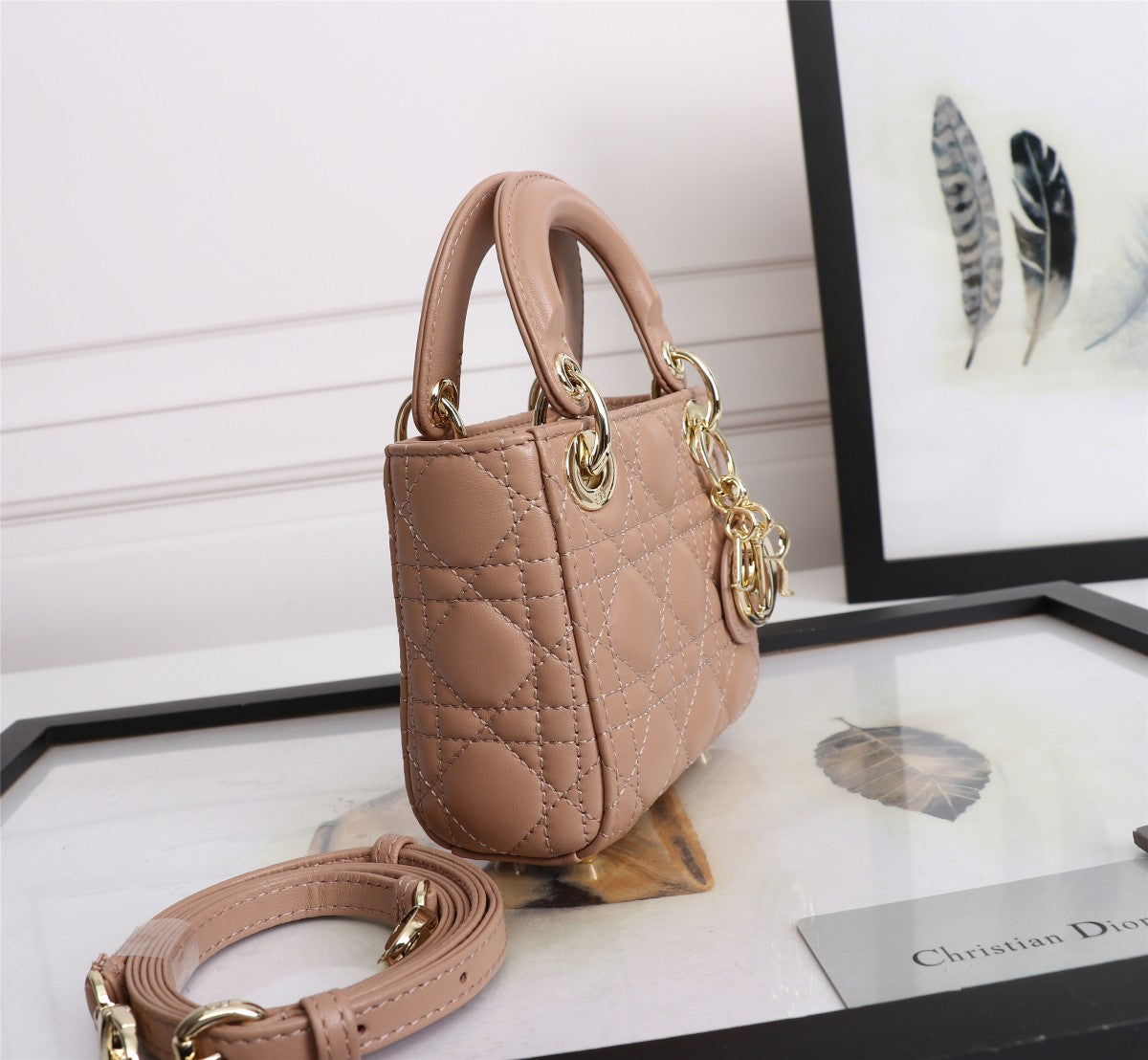 Micro Lady Dior Bag in Nude Cannage Lambskin with Gold-Finish Charms