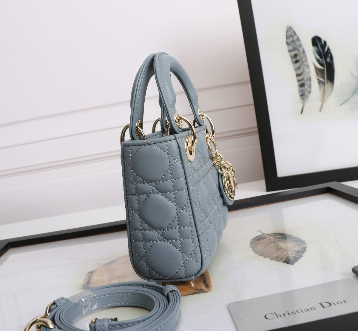 Dior Elegant Dusty Blue Quilted Leather Mini Top Handle Bag