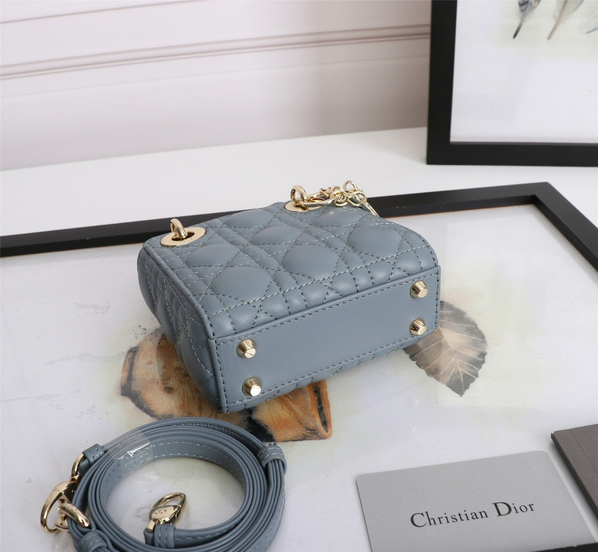 Dior Elegant Dusty Blue Quilted Leather Mini Top Handle Bag