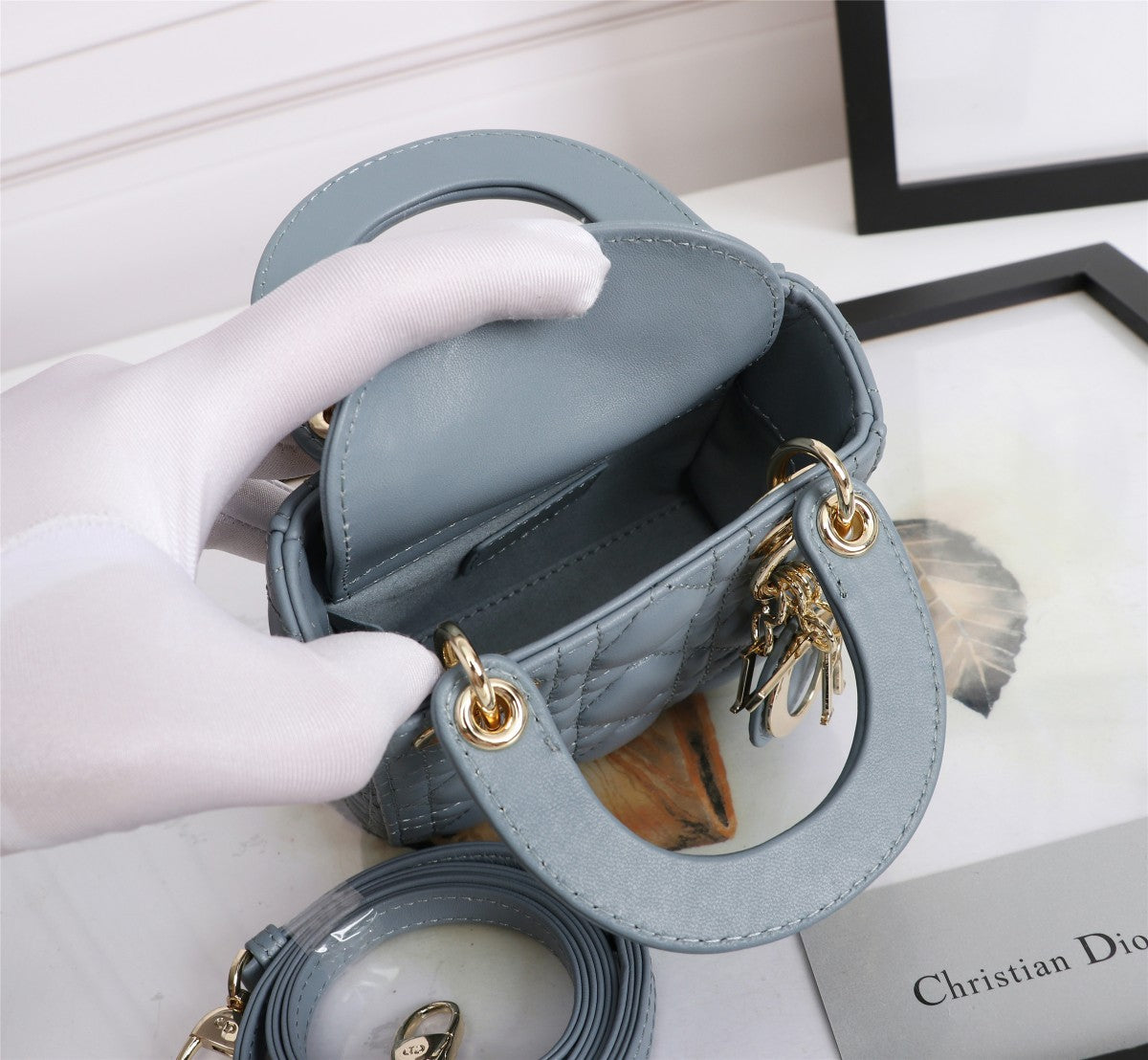Dior Dusty Blue Quilted Leather Top Handle Bag with Crossbody Strap