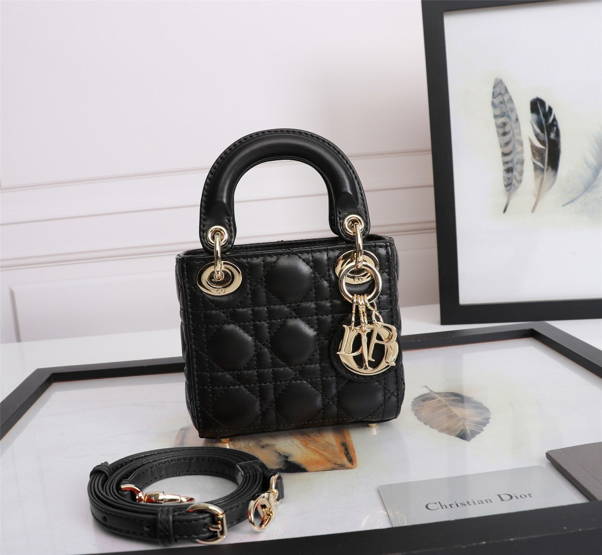 Dior Mini Black Quilted Leather Crossbody Handbag with Gold Charms