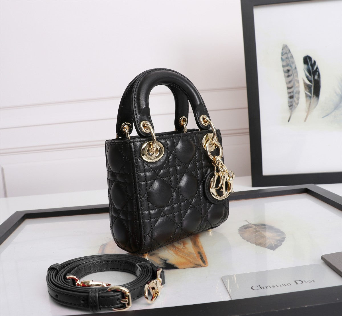 Dior Mini Black Quilted Leather Crossbody Handbag with Gold Charms