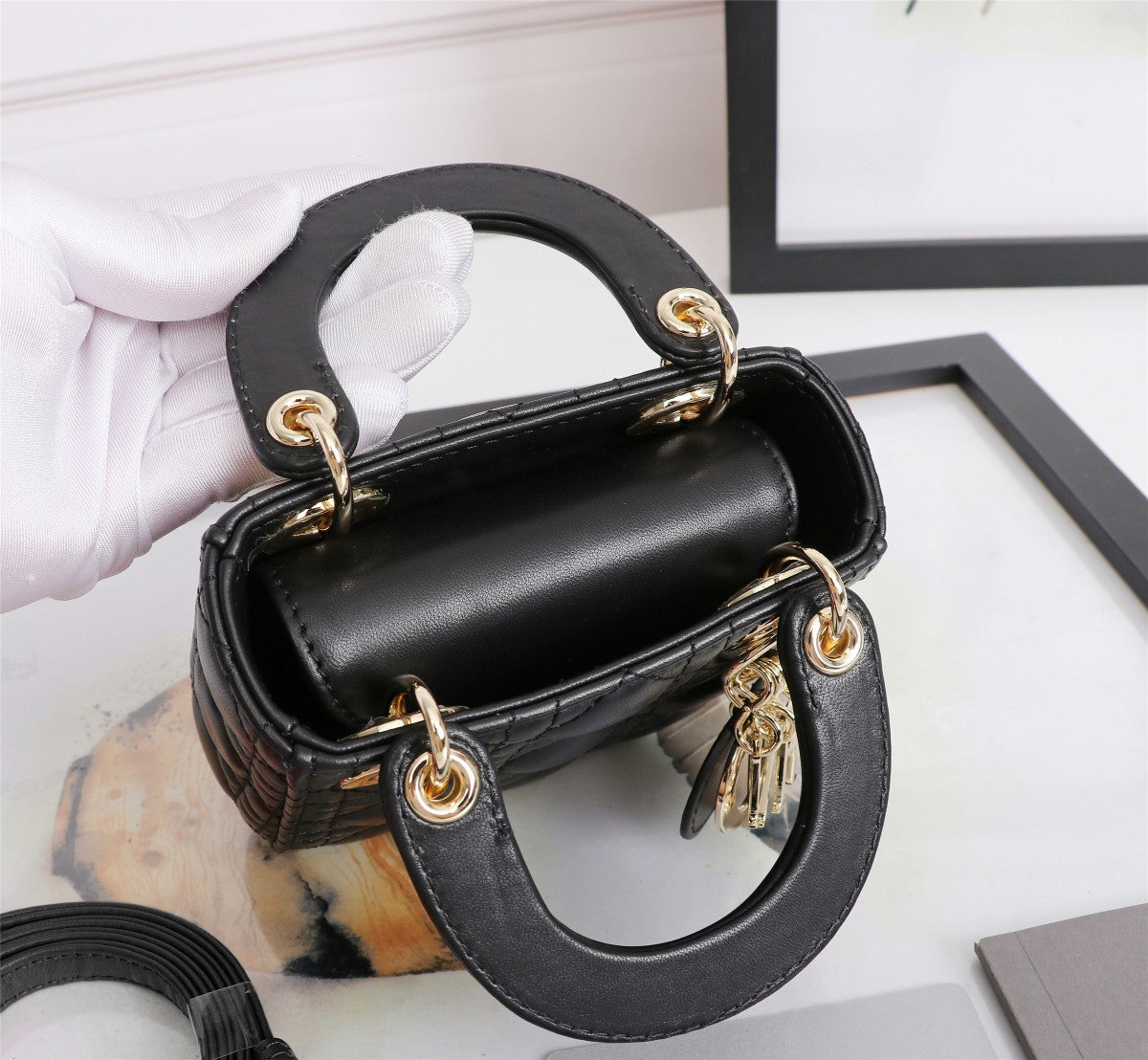 Dior Black Quilted Leather Mini Top Handle Handbag with Gold Hardware