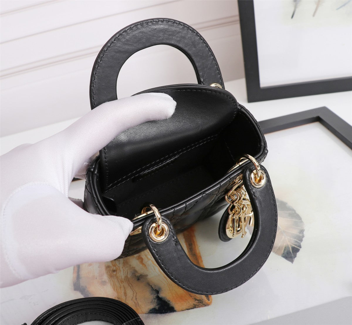Dior Black Quilted Leather Mini Top Handle Handbag with Gold Hardware