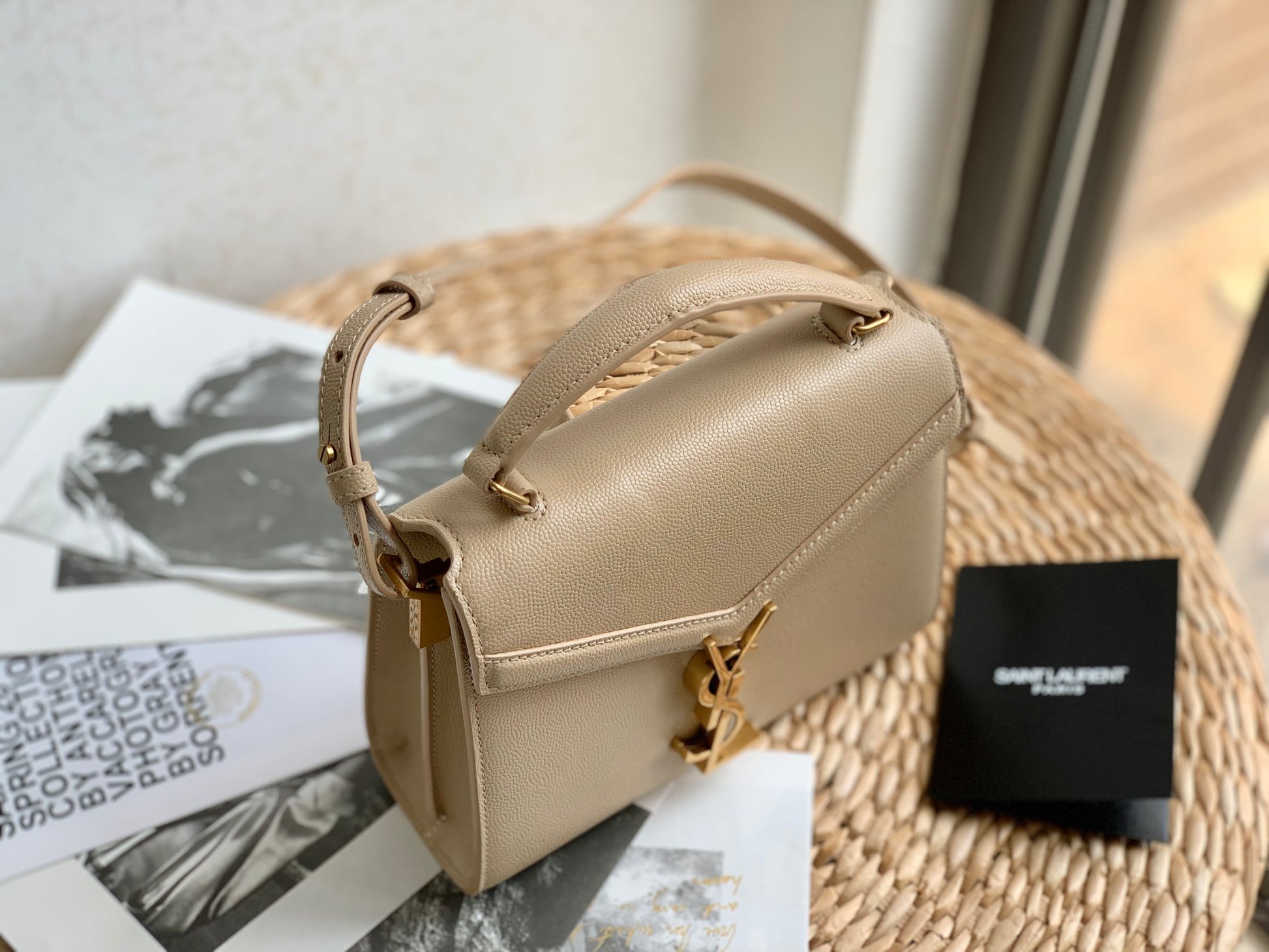 Saint Laurent Cassandra Mini Top Handle Bag in Dark Beige Grained Leather