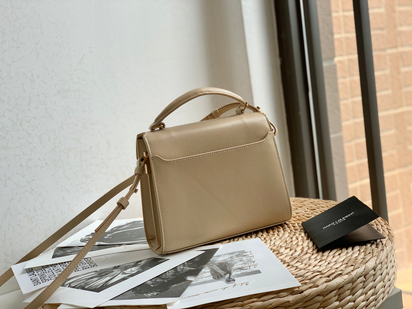 Saint Laurent Cassandra Mini Top Handle Bag in Dark Beige Grained Leather