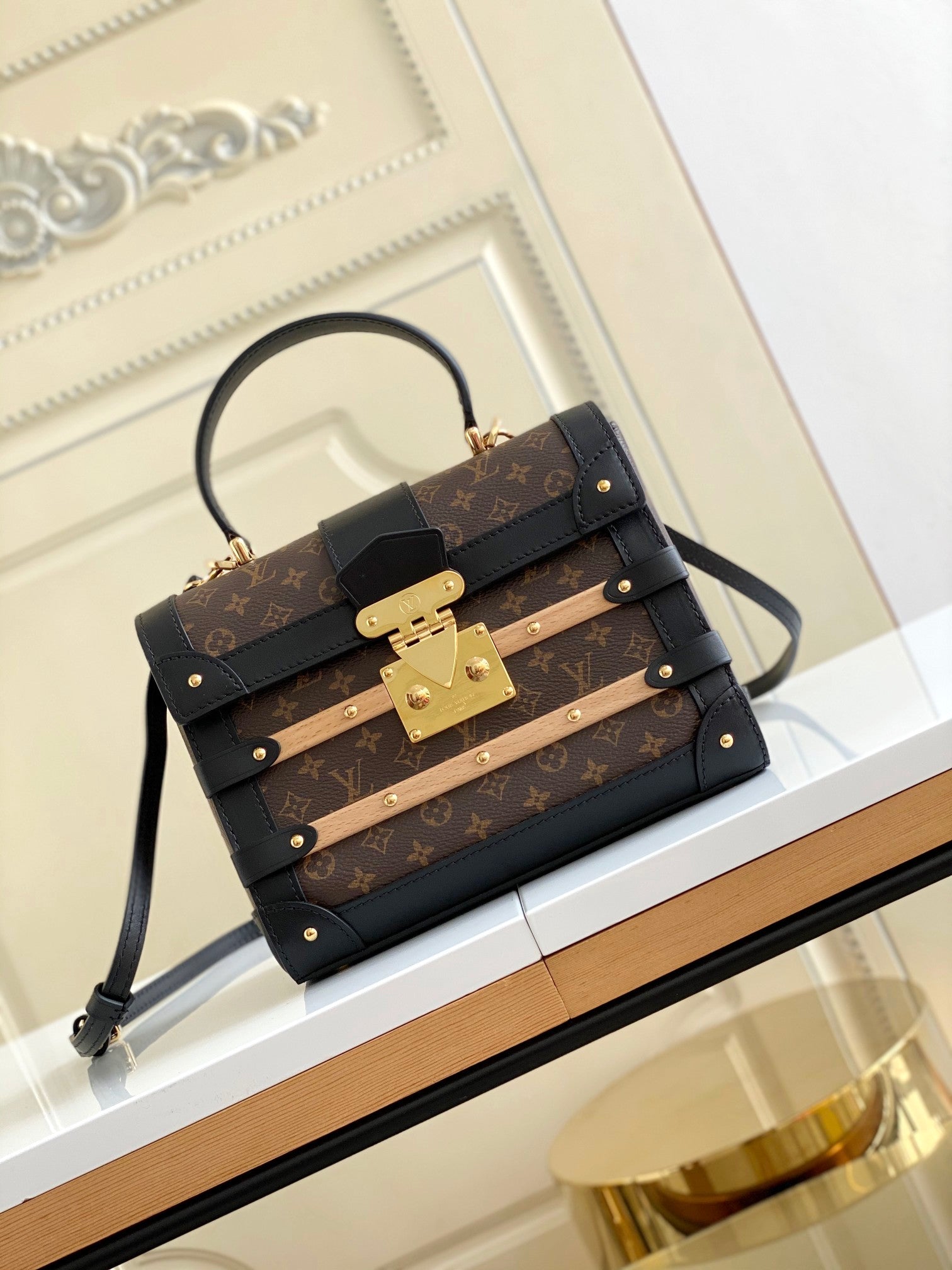 Louis Vuitton Luxury Monogram Canvas Top Handle Bag with Gold Trunk Lock
