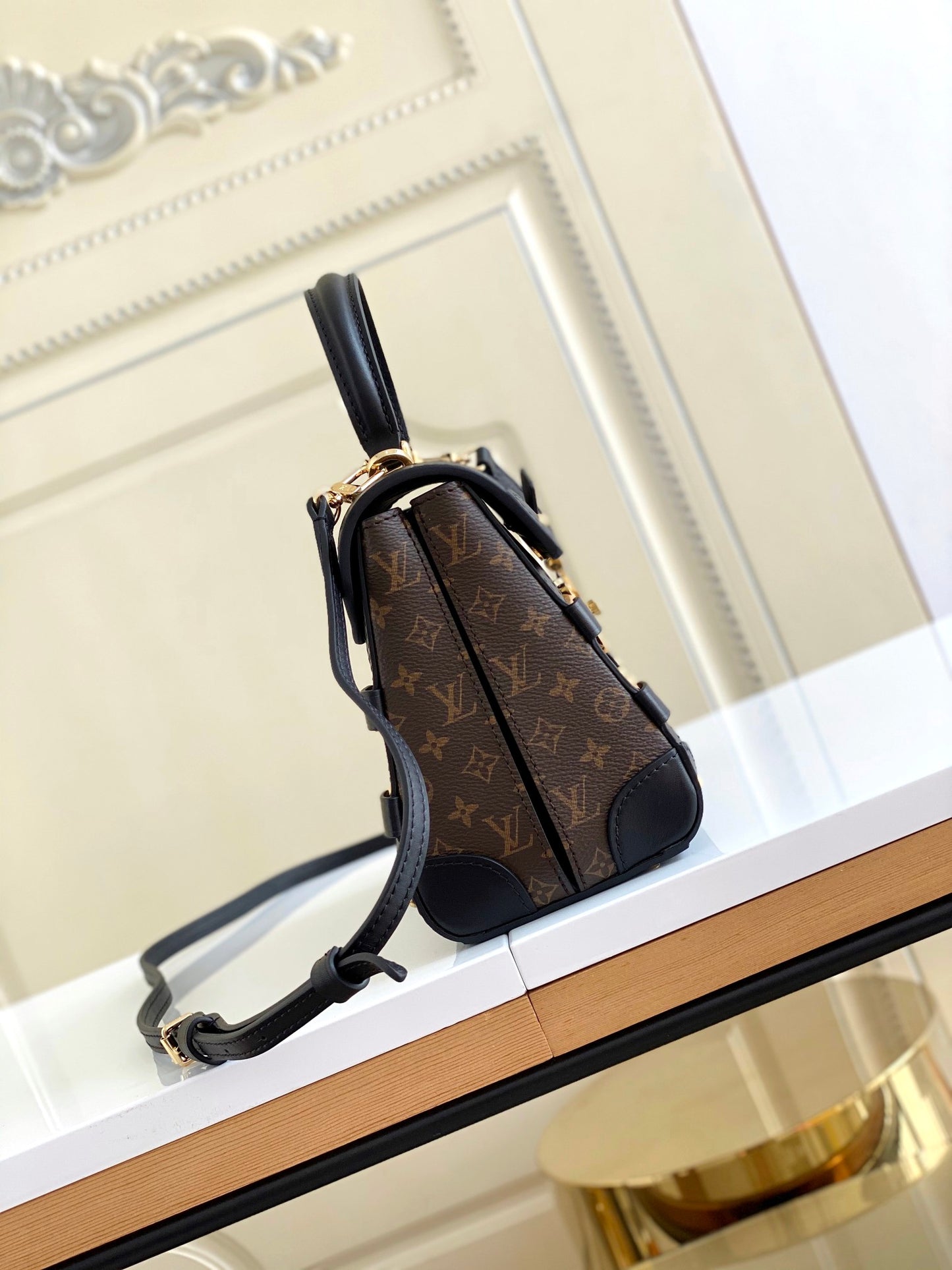 Louis Vuitton Luxury Monogram Canvas Top Handle Bag with Gold Trunk Lock