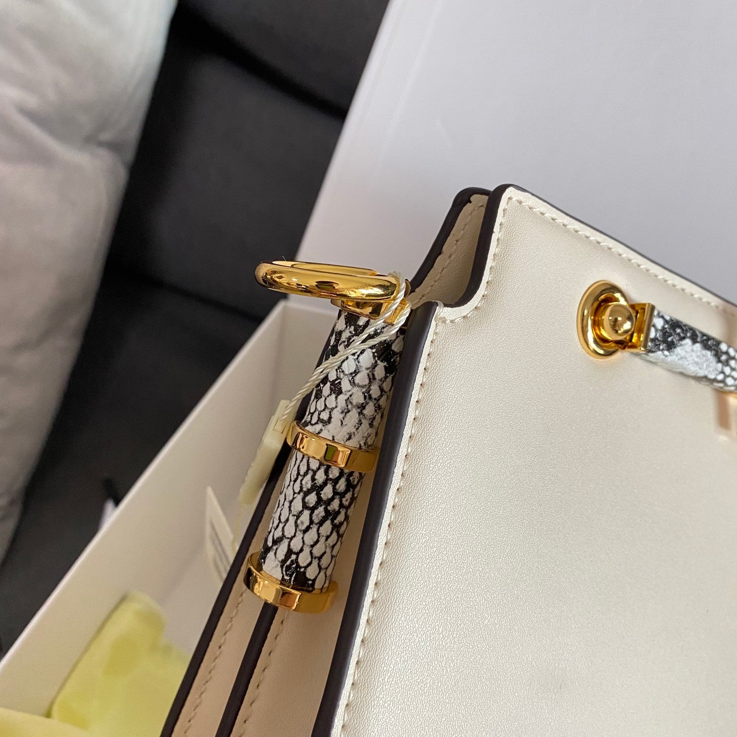 Fendi Women's White Leather O'Lock Handbag with Snake Print Strap and Gold Hardware