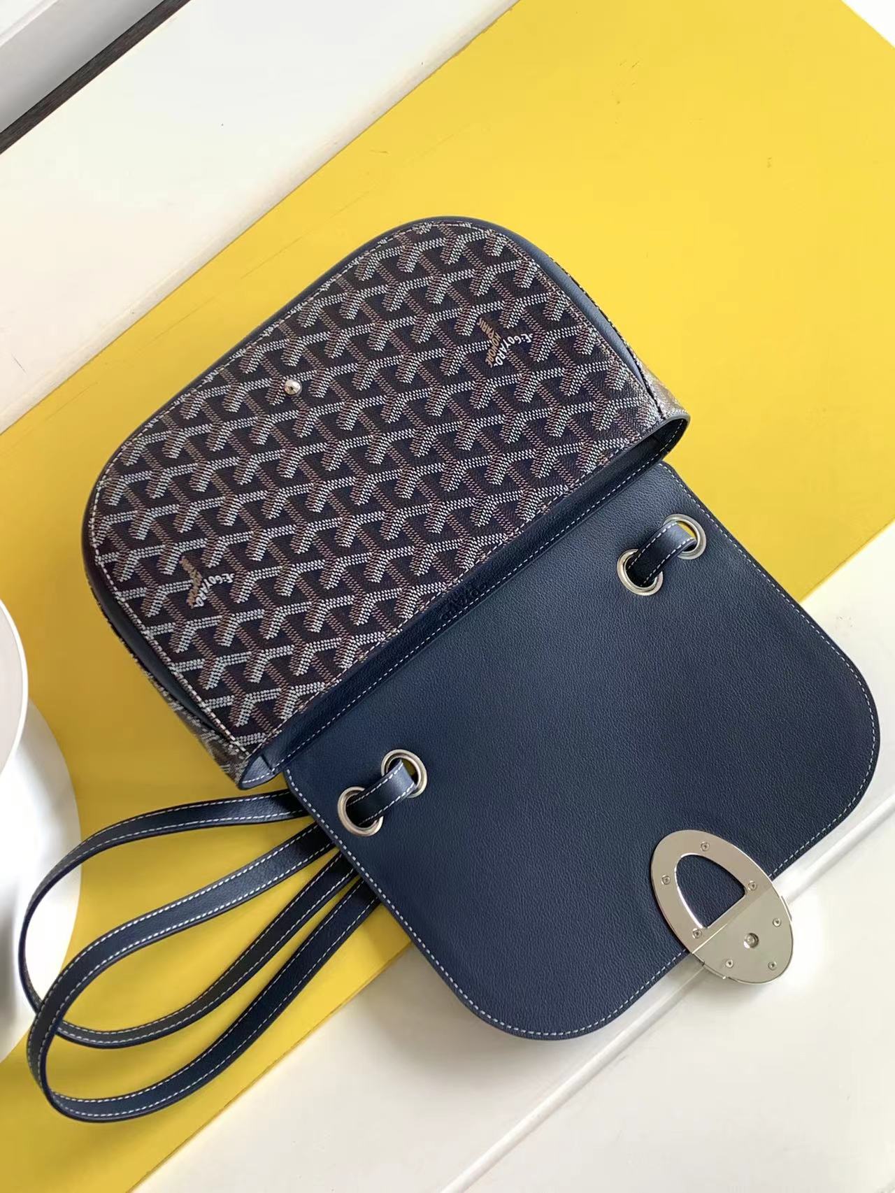 Gogy Classic Navy Blue Chevron Pattern Flap Crossbody Bag with Silver Clasp