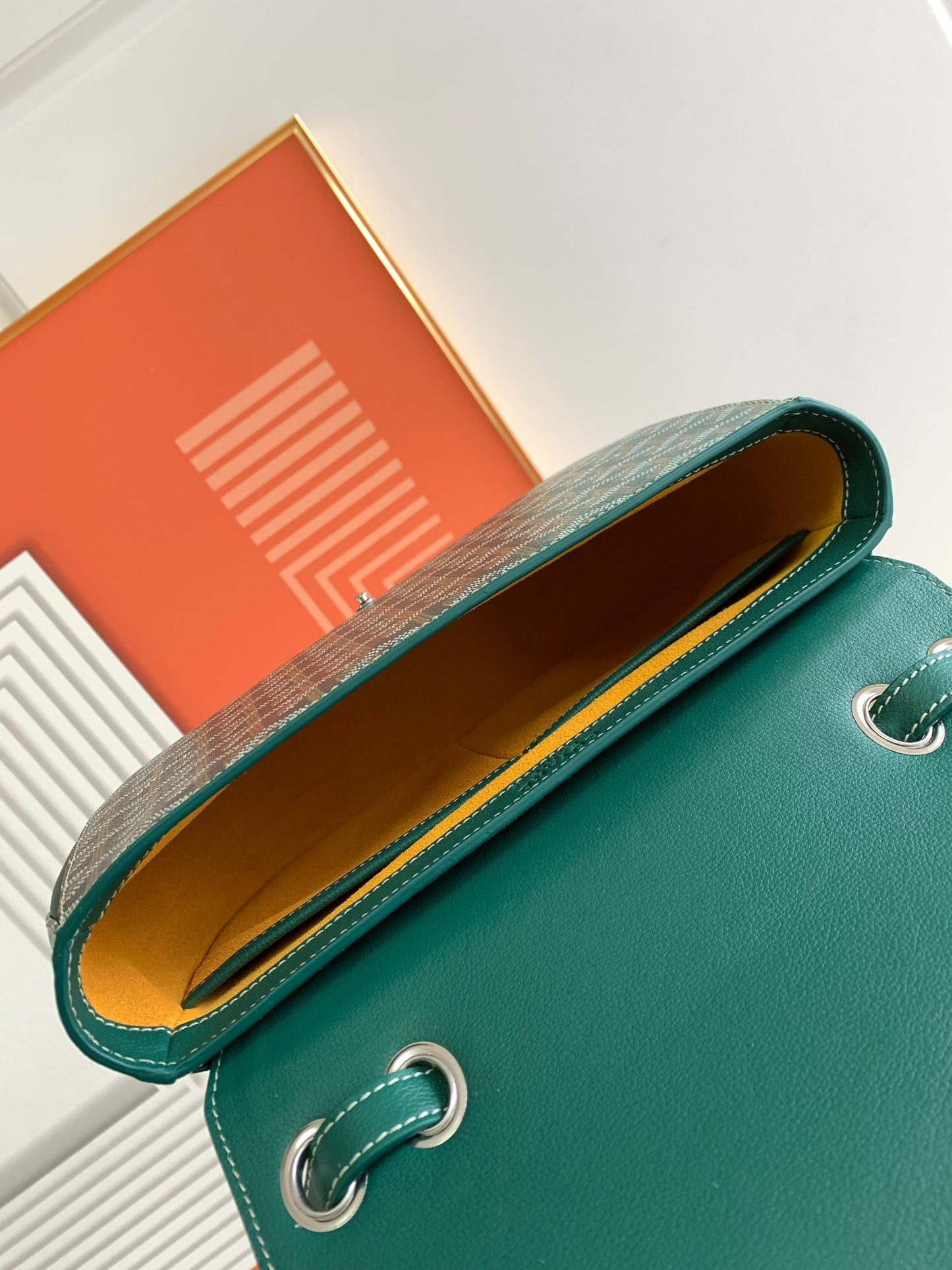 Gogy Classic Green Leather Crossbody Bag with Chevron Pattern and Silver Buckle
