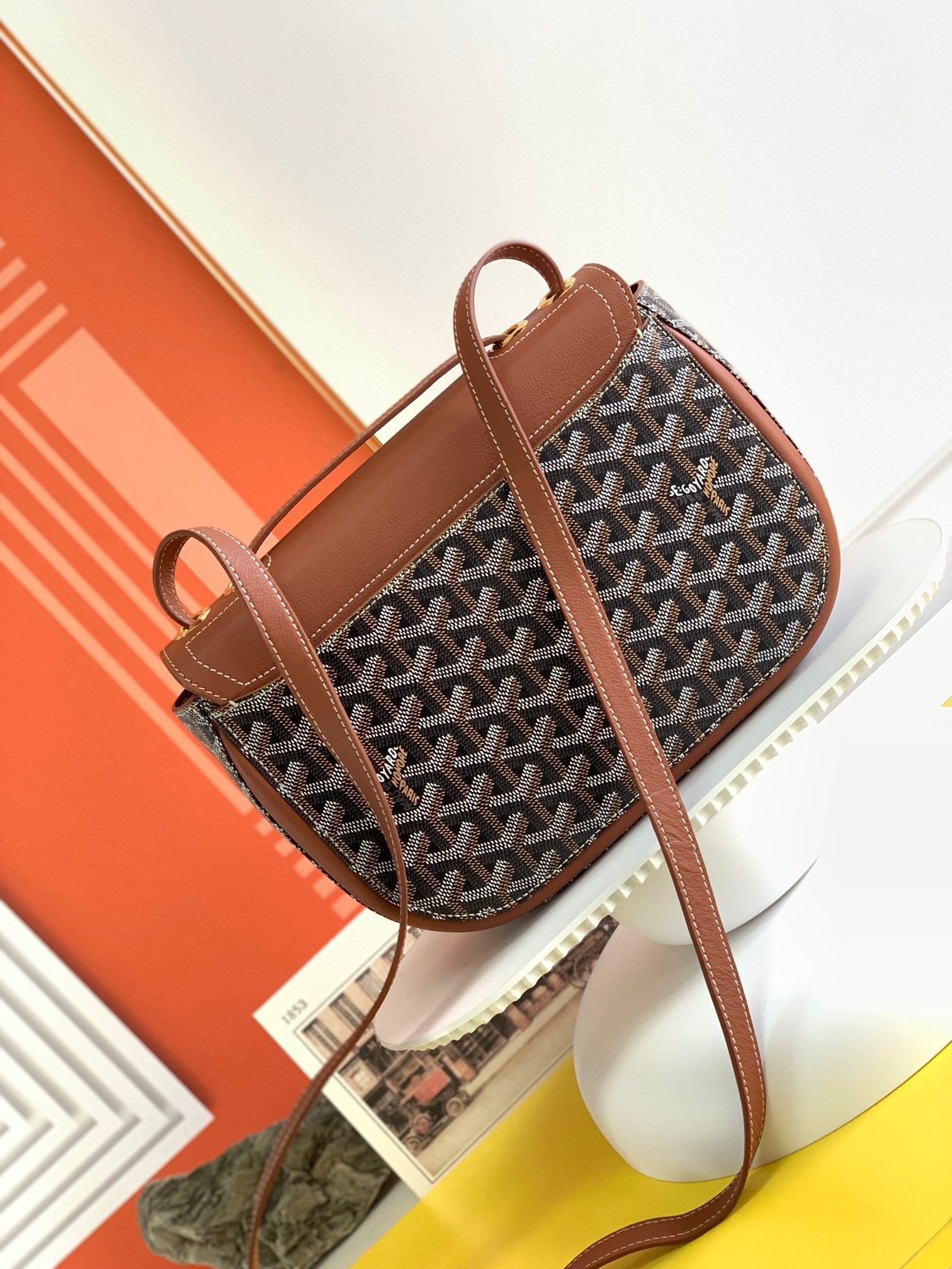 Gogy Vintage Chevron Pattern Brown Leather Crossbody Shoulder Bag