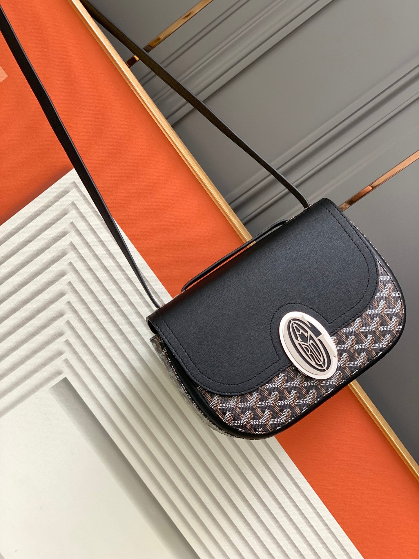 Gogy Luxury Navy Blue Patterned Canvas Shoulder Bag with Silver Emblem