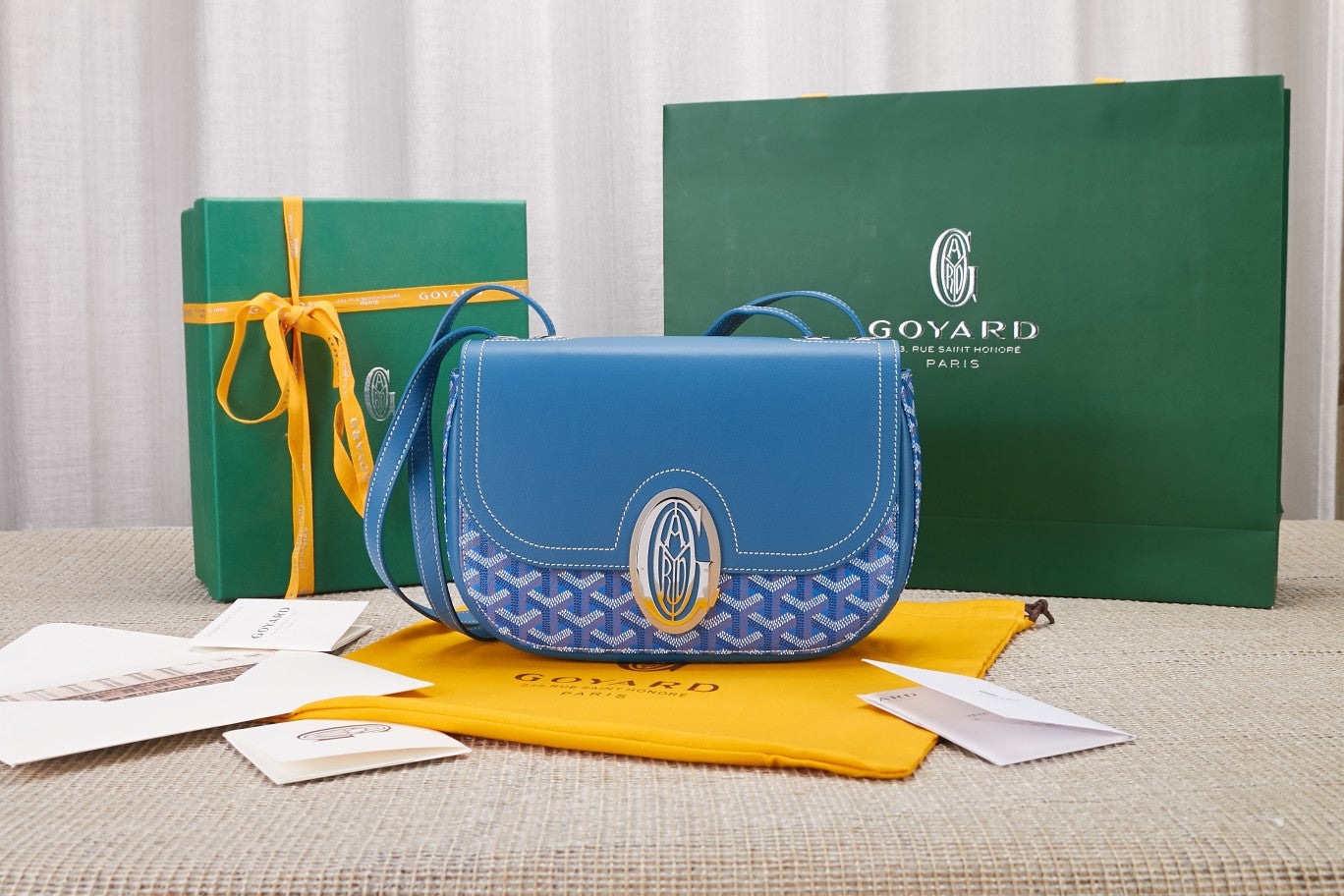 Gogy Blue Monogram Leather Crossbody Bag with Silver Clasp