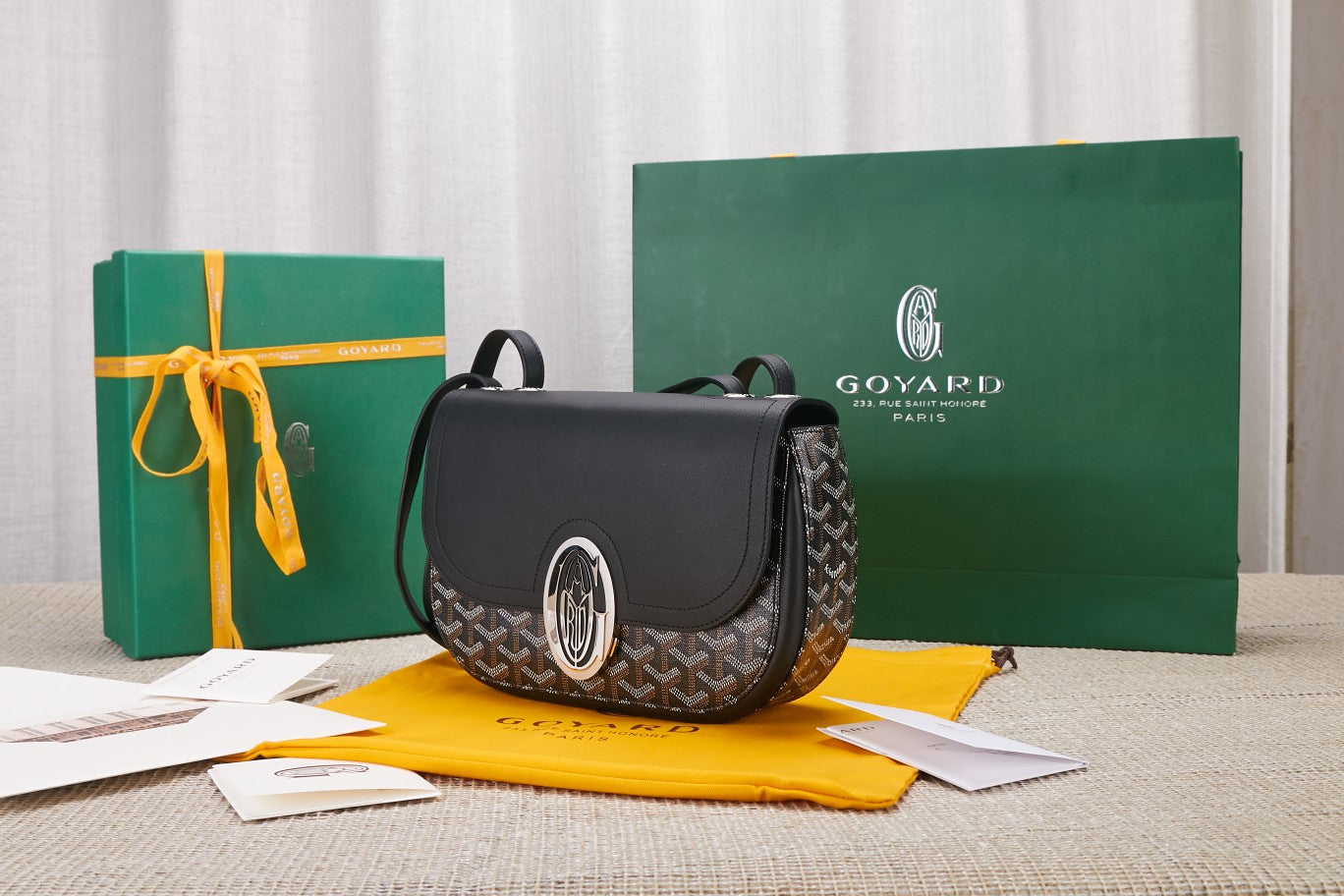 Gogy Classic Black Leather Crossbody Saddle Bag with Chevron Pattern
