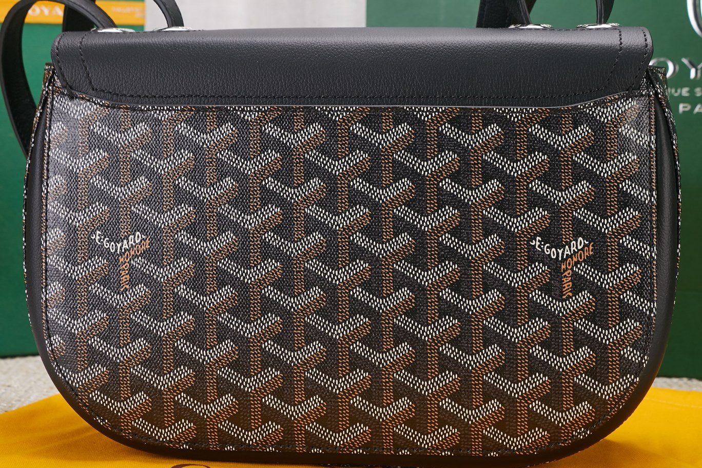 Gogy Classic Black Leather Crossbody Saddle Bag with Chevron Pattern