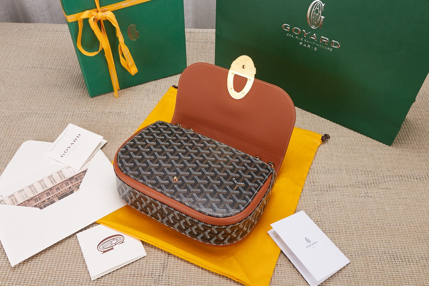 Gogy Classic Chevron Monogram Shoulder Bag with Tan Leather Flap