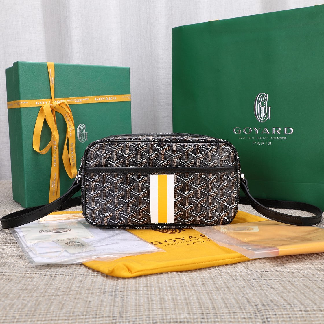 Gogy Classic Chevron Pattern Crossbody Camera Bag with Yellow Stripe