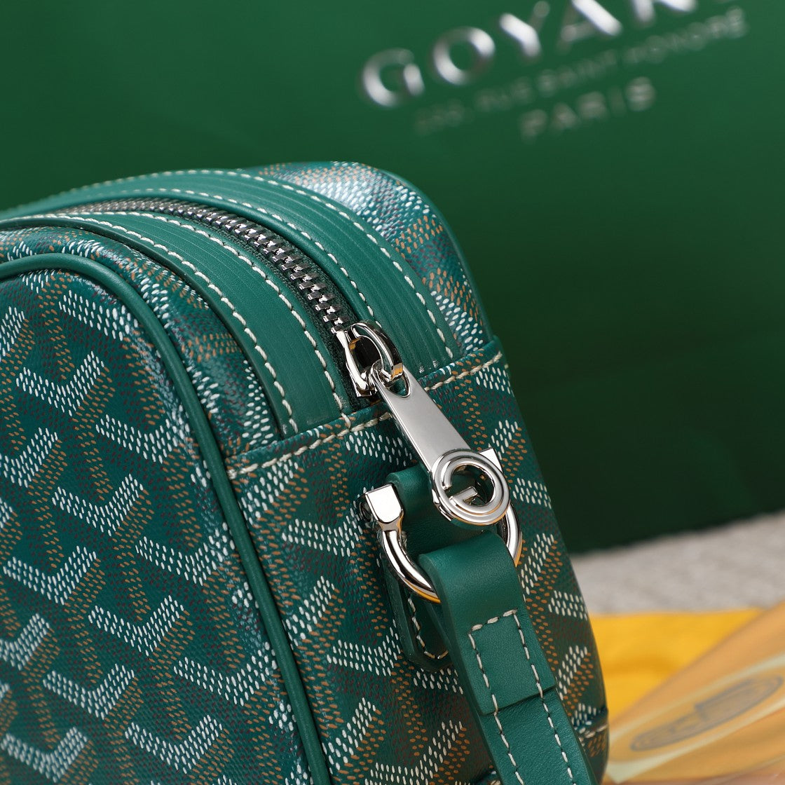 Gogy Green Chevron Print Crossbody Camera Bag with Stripe Accent