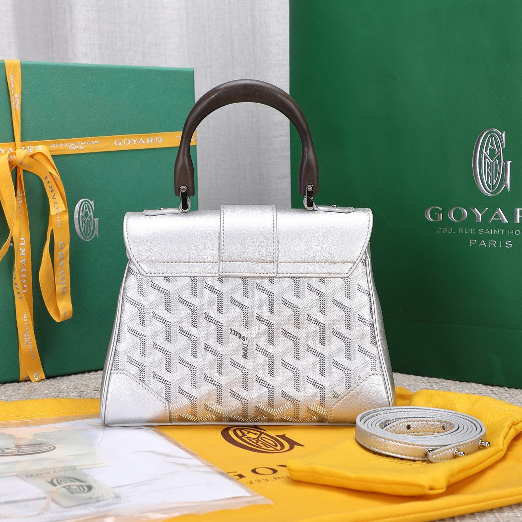 Gogy Luxury Style White Chevron Leather Shoulder Bag with Wooden Handle