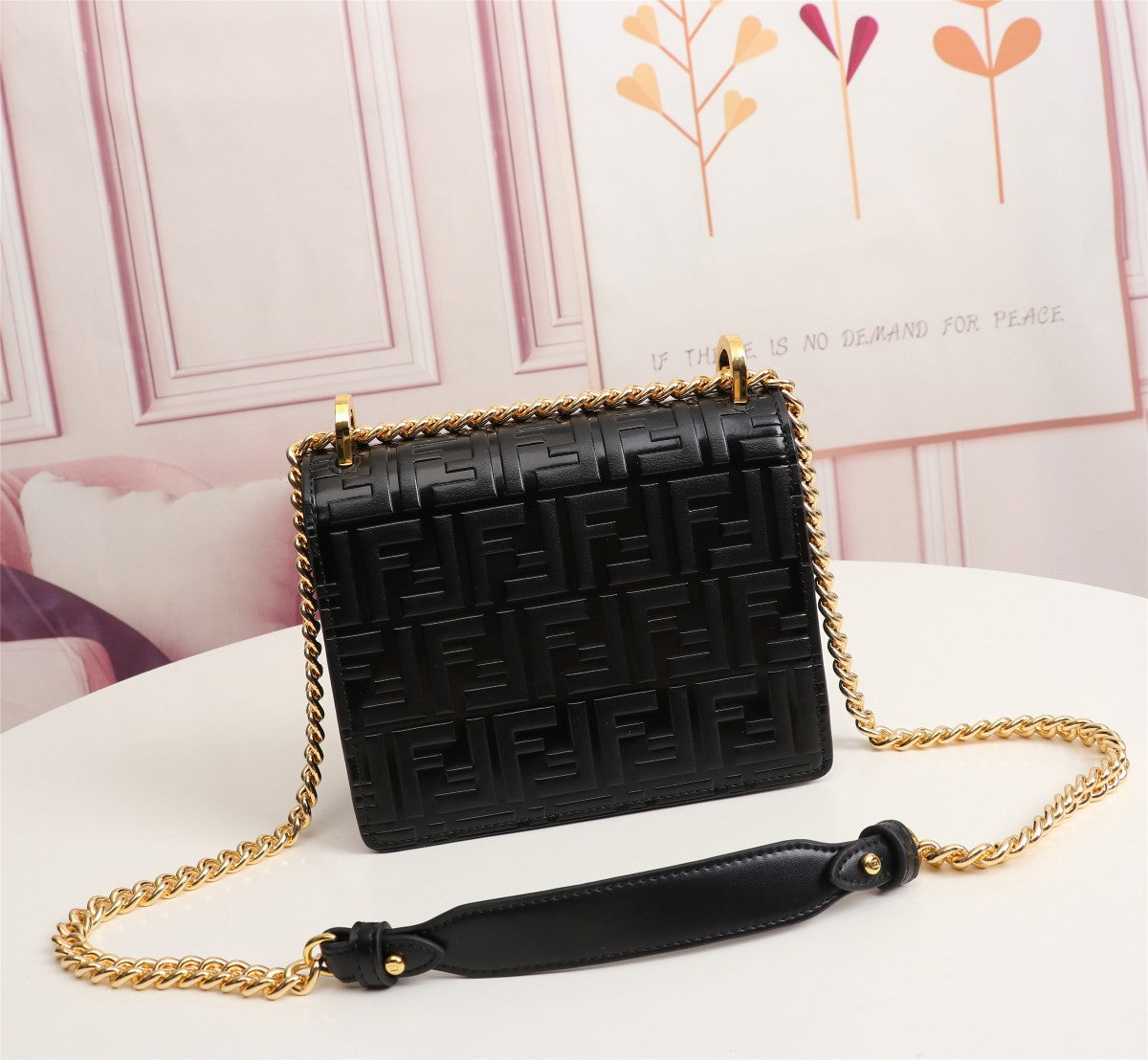 Fendi Kan I Black Embossed FF Logo Leather Shoulder Bag with Gold Chain