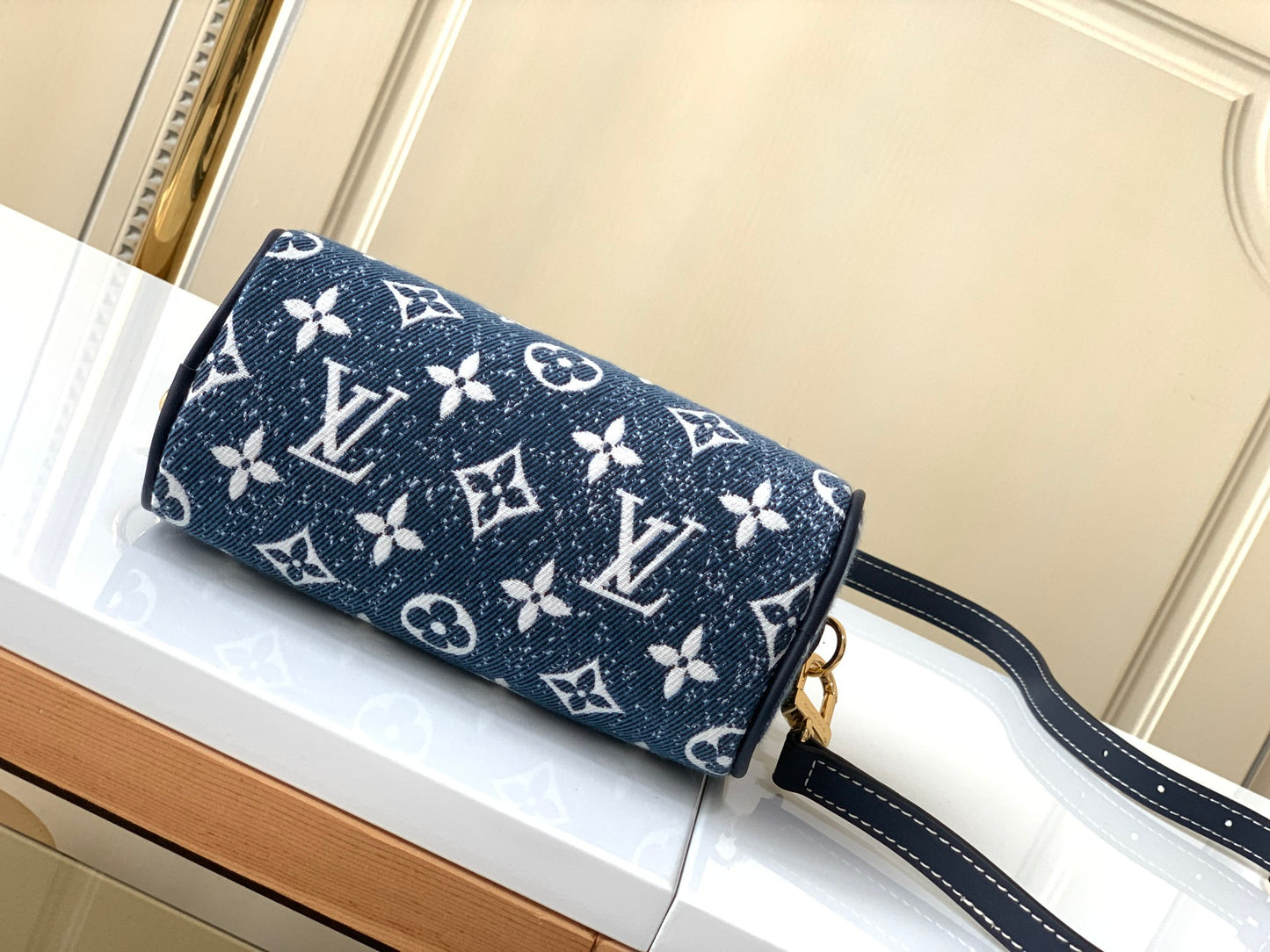 Louis Vuitton Mini Blue Denim Monogram Duffle Handbag with Crossbody Strap