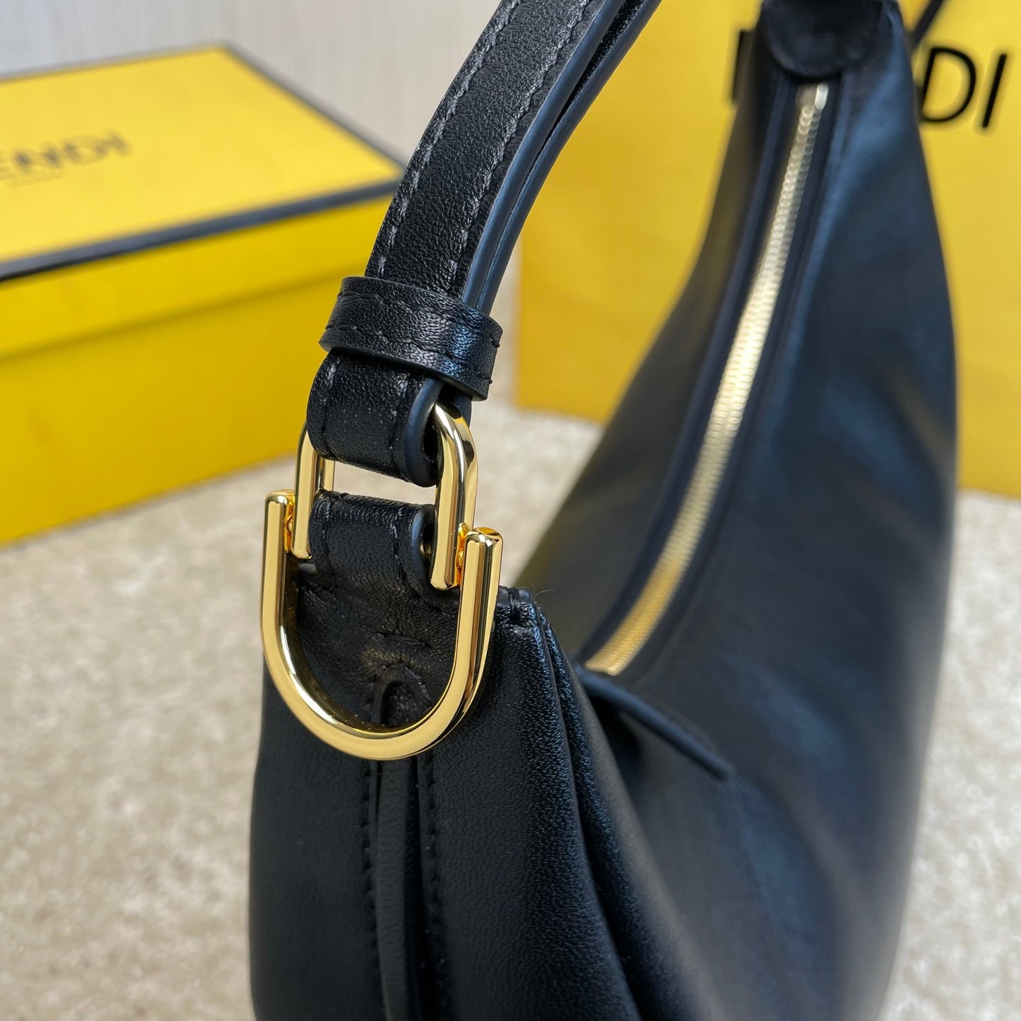 Fendi Fendigraphy Small Black Leather Crescent Hobo Bag