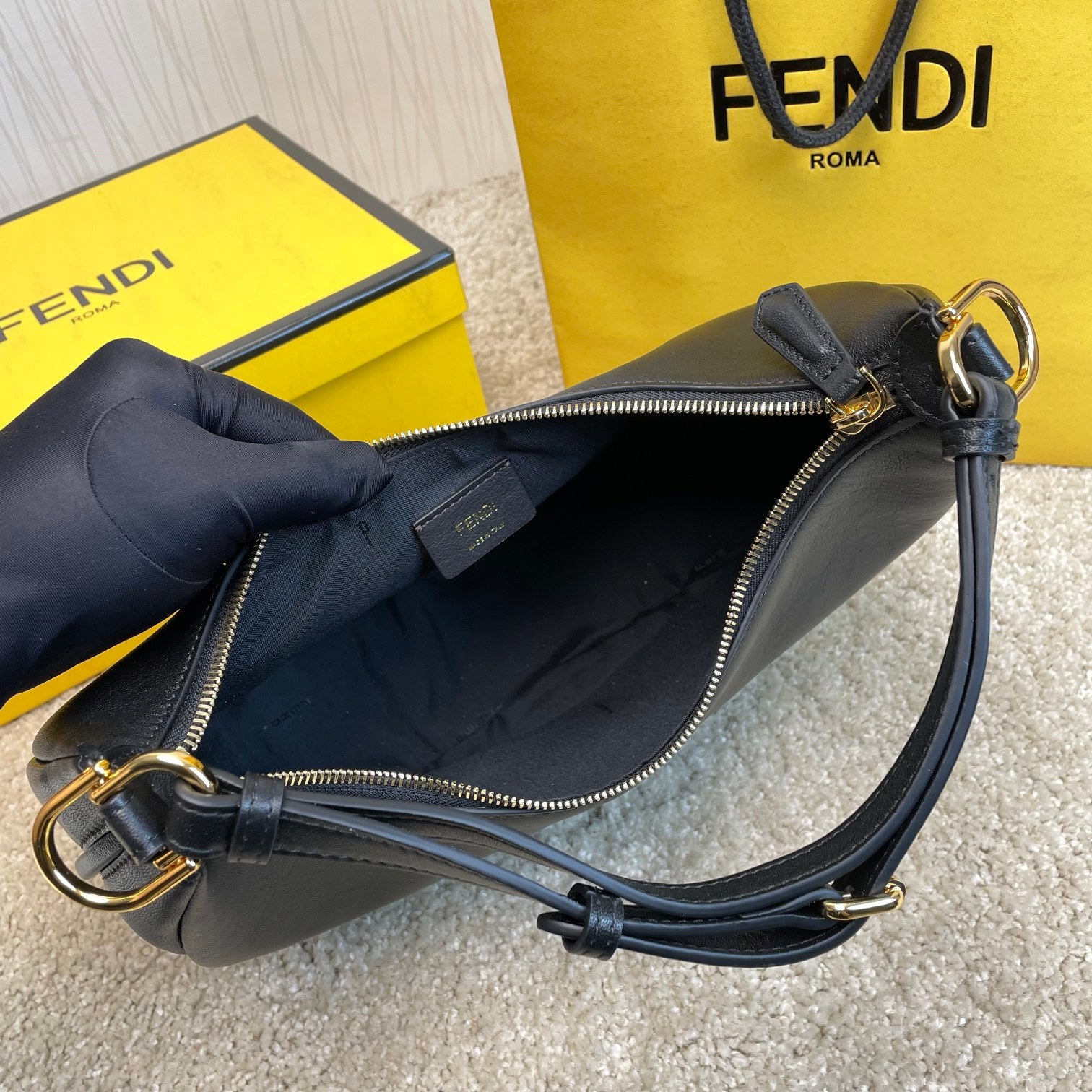 Fendi Fendigraphy Small Black Leather Crescent Hobo Bag