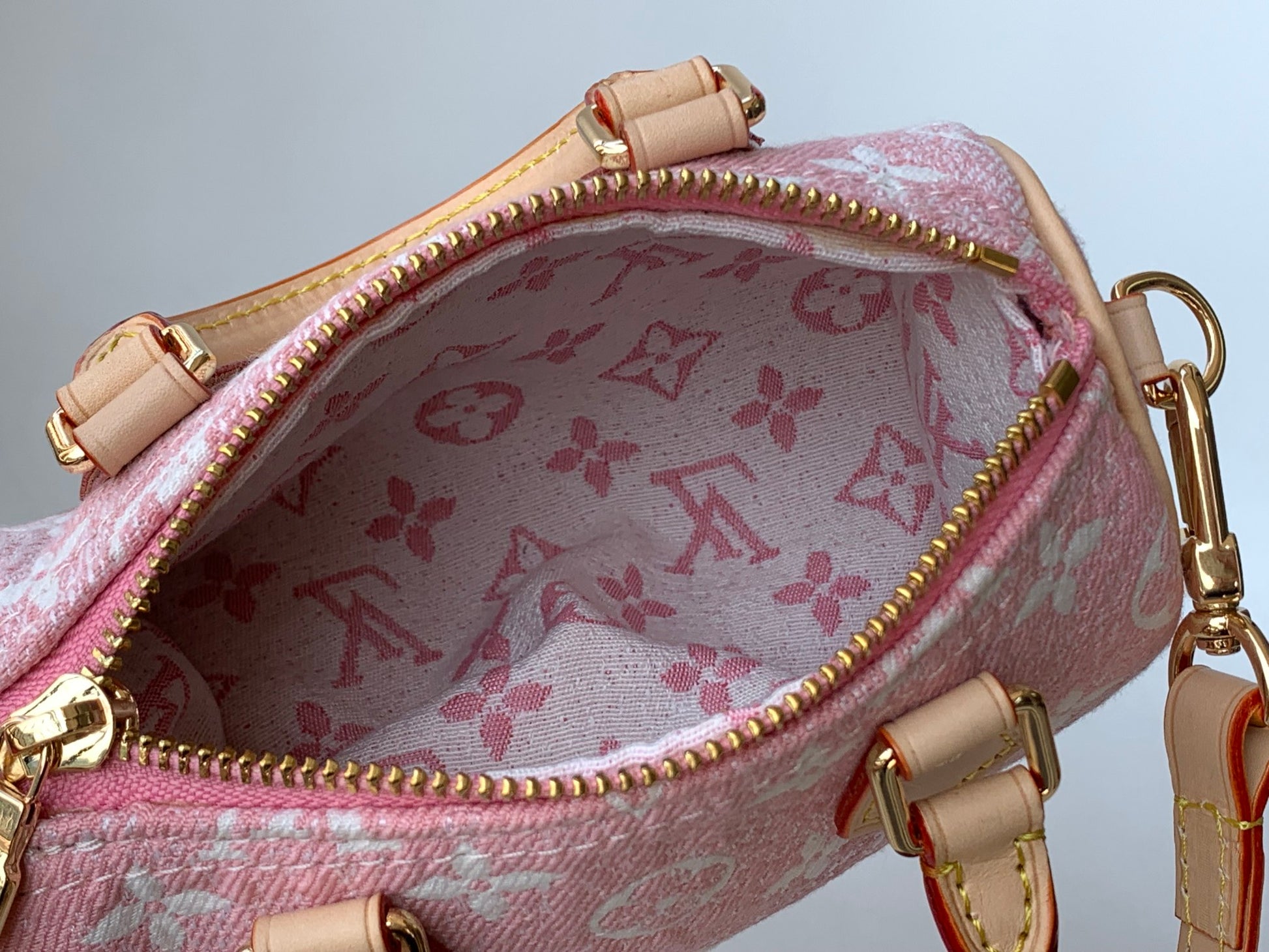 Louis Vuitton Pink Monogram Mini Crossbody Duffle Bag with Tan Leather Straps