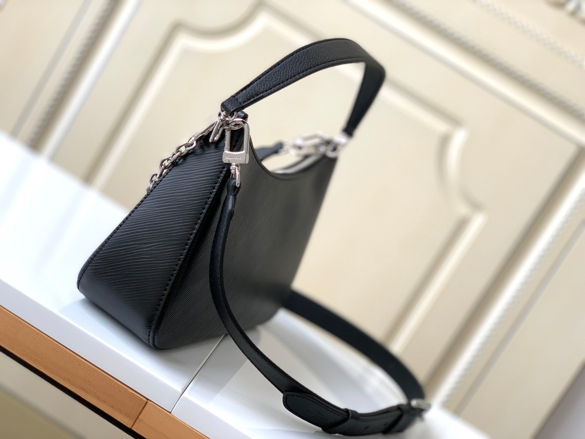 Louis Vuitton Elegant Black Embossed Leather Hobo Shoulder Bag with Pouch