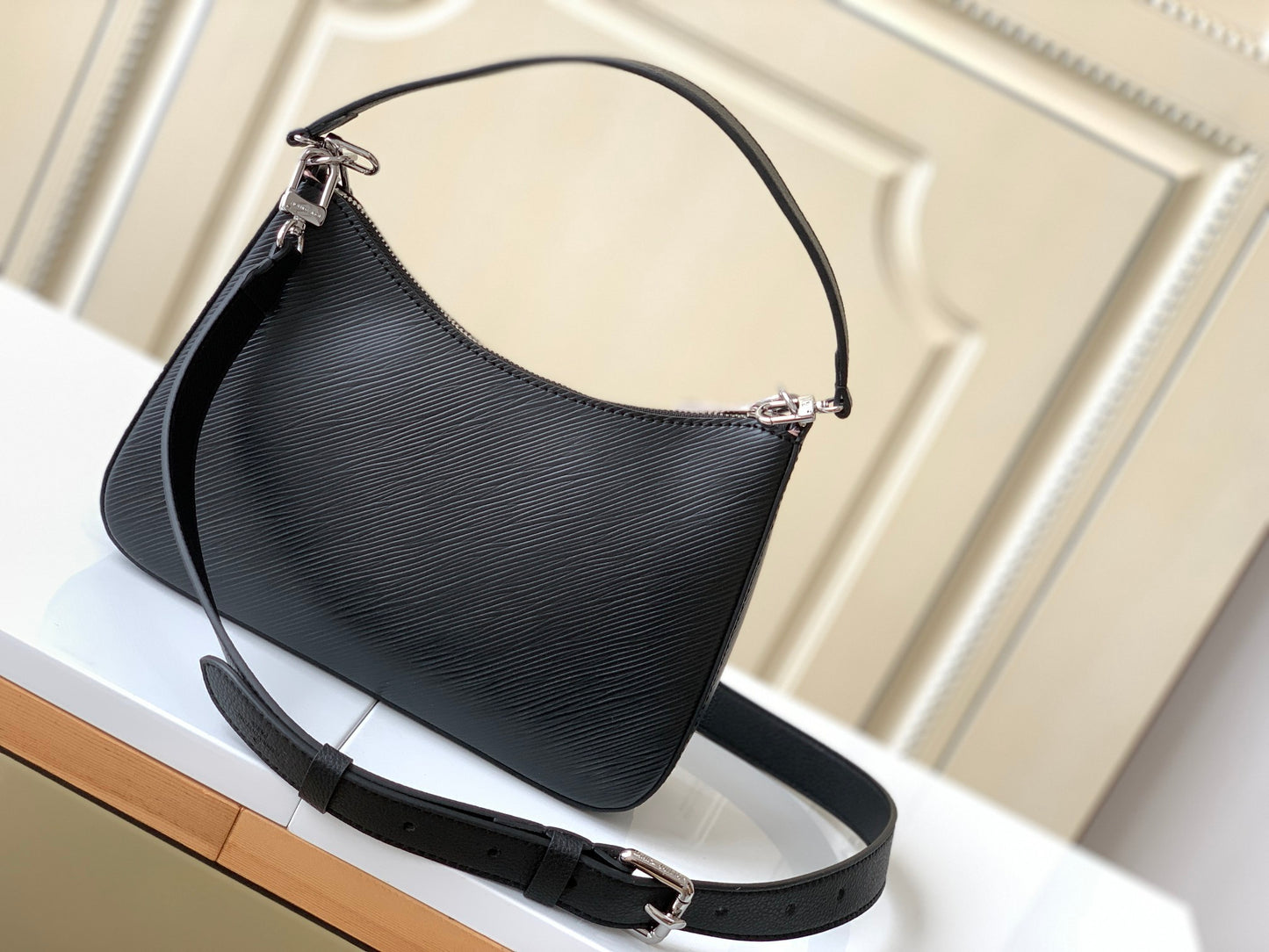 Louis Vuitton Elegant Black Embossed Leather Hobo Shoulder Bag with Pouch