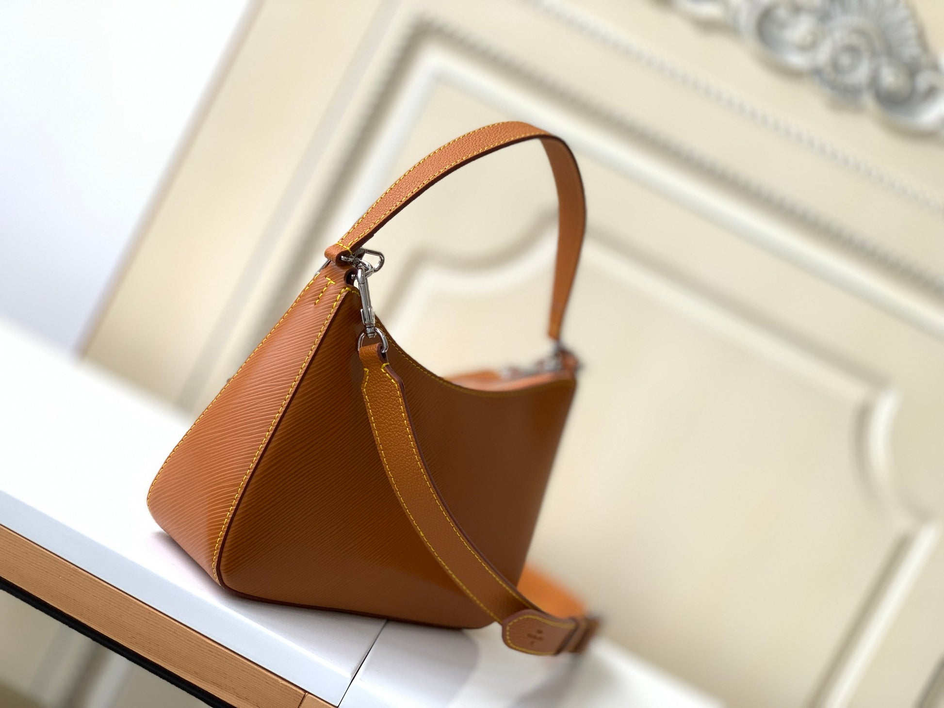 Louis Vuitton Tan Leather Shoulder Bag with Front Pocket and Chain Detail