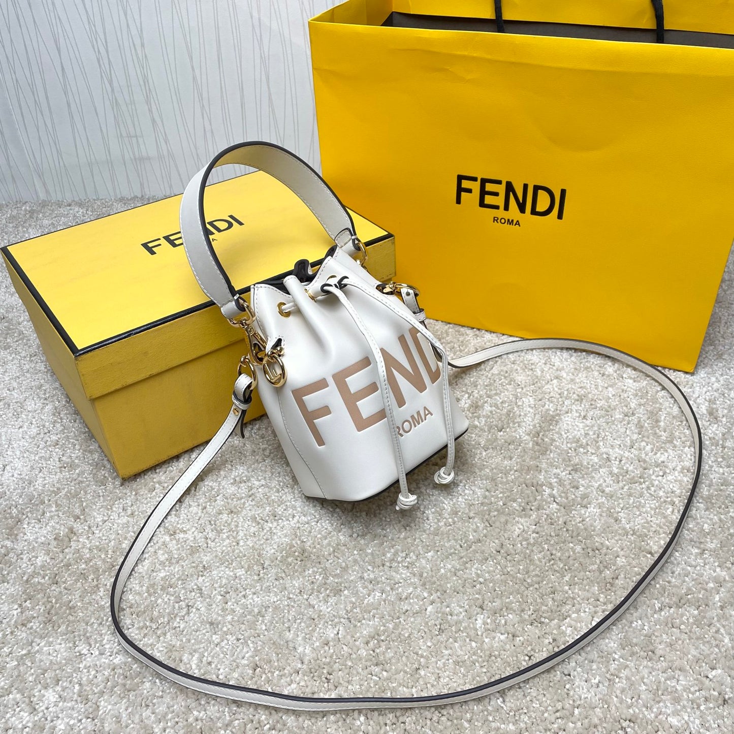 Fendi Mini Mon Tresor White Leather Bucket Bag with Fendi Roma Logo