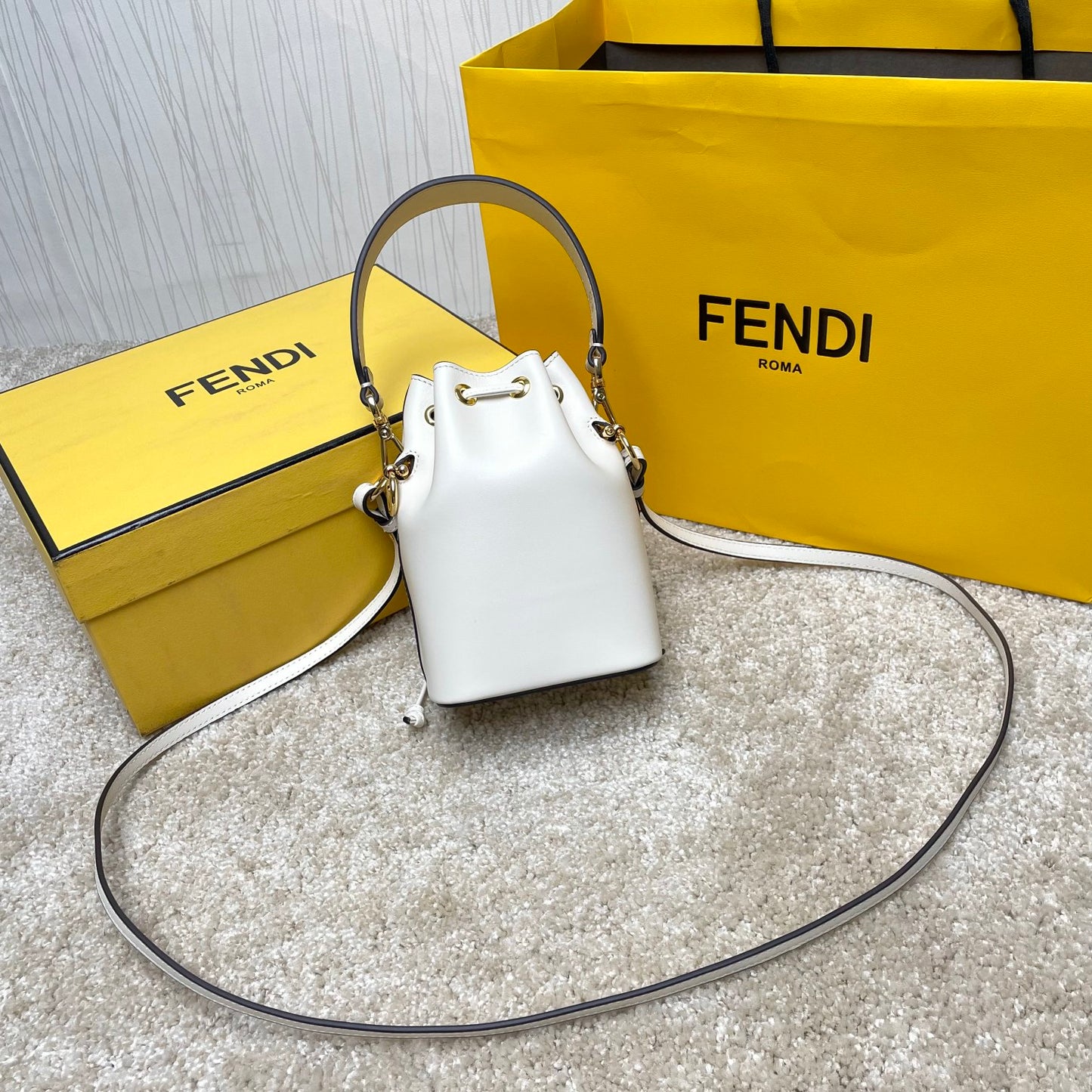 Fendi Mini Mon Tresor White Leather Bucket Bag with Fendi Roma Logo