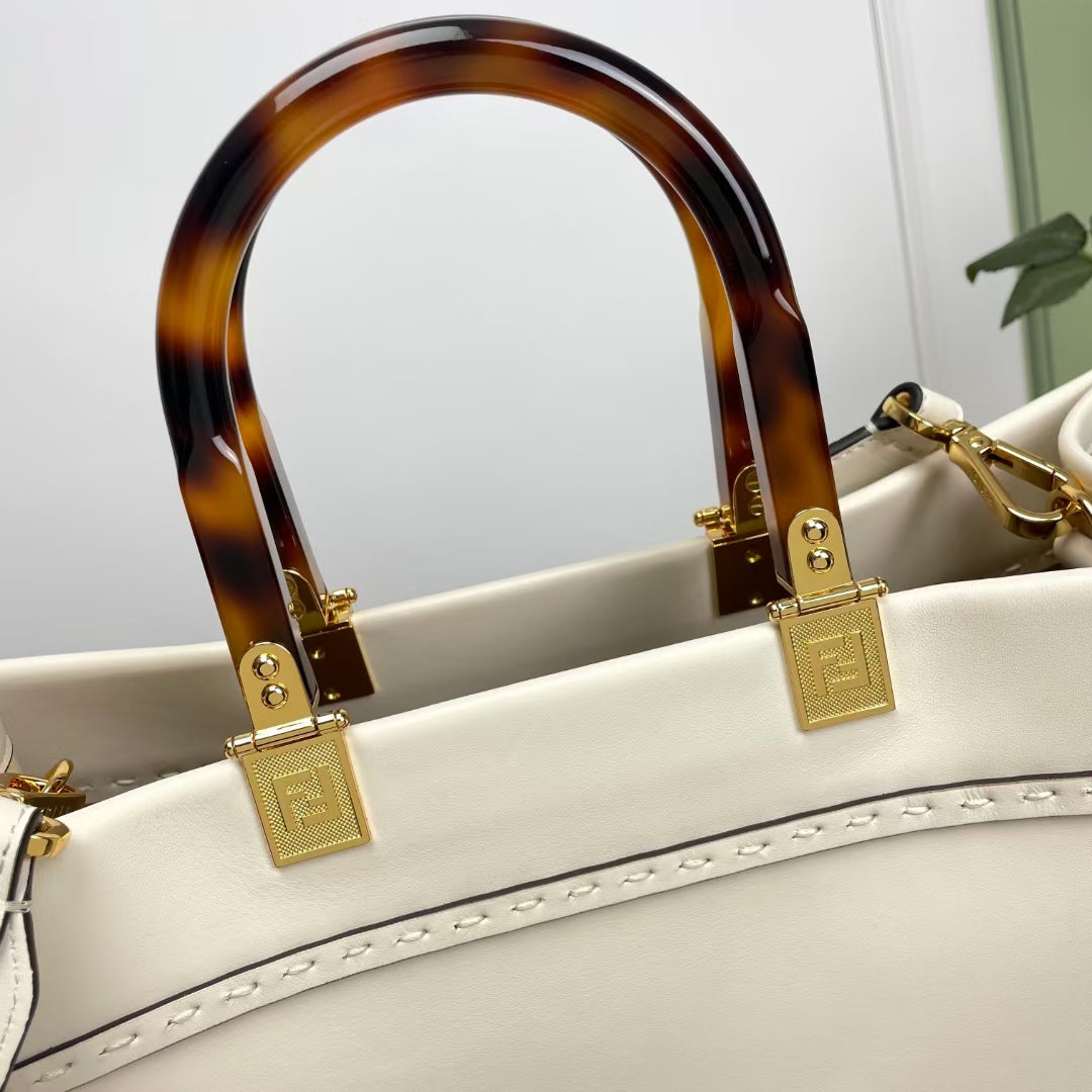 Fendi Sunshine Shopper Large White Canvas Tote Bag with Tortoiseshell Handles