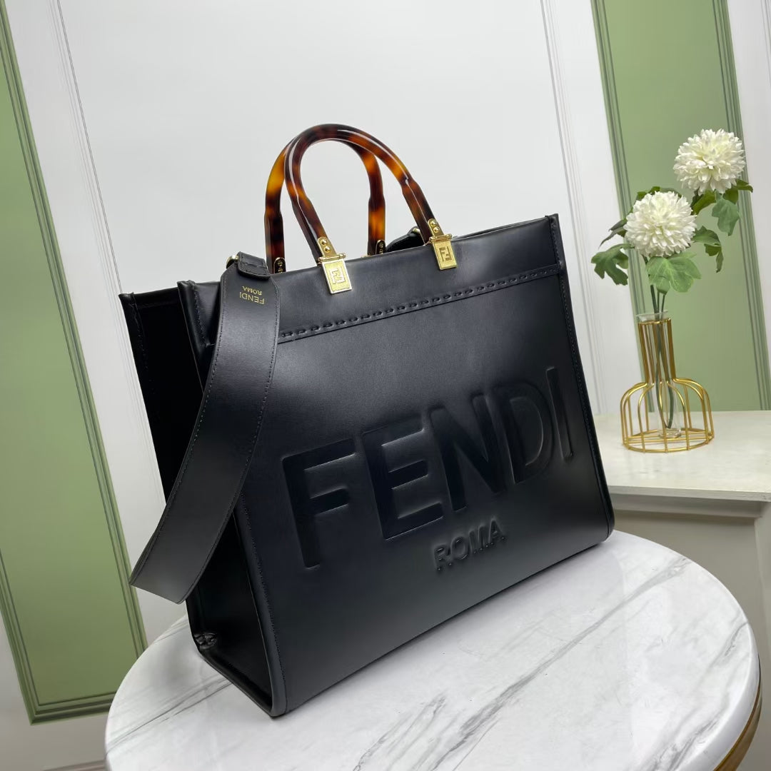 Fendi Sunshine Shopper Medium Black Leather Tote Bag