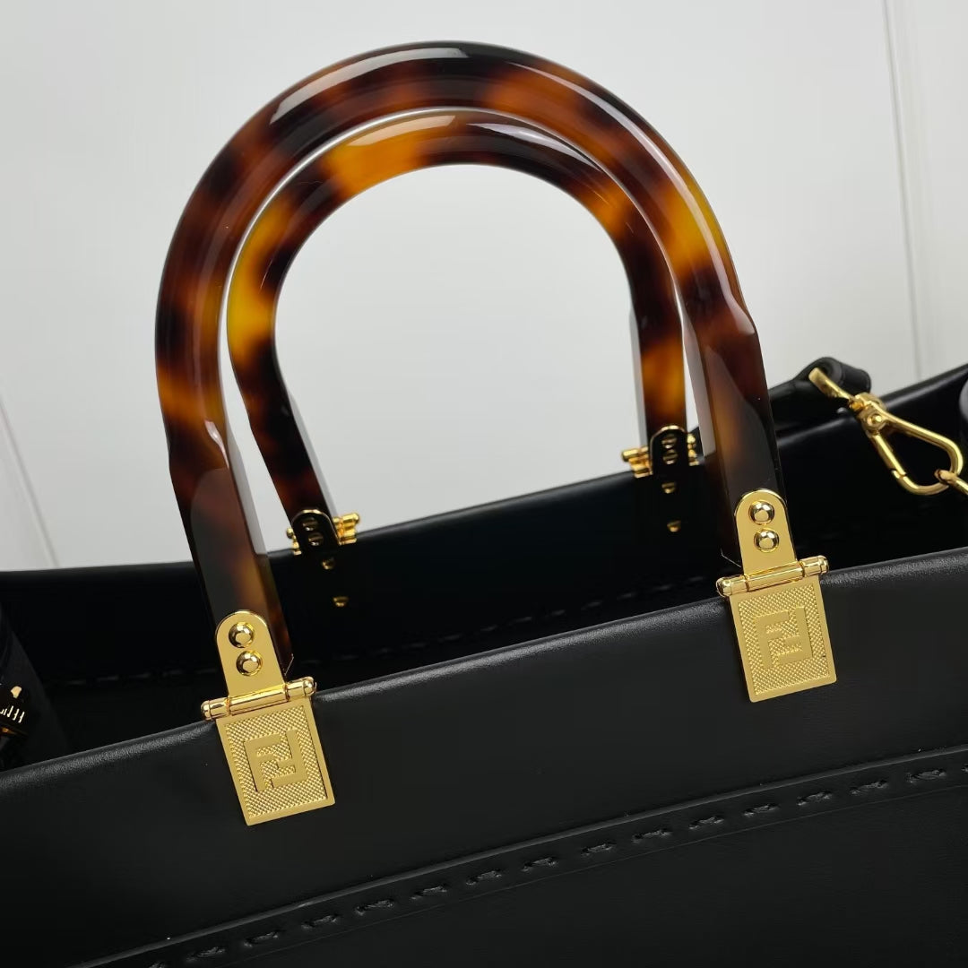 Fendi Sunshine Shopper Medium Black Leather Tote Bag
