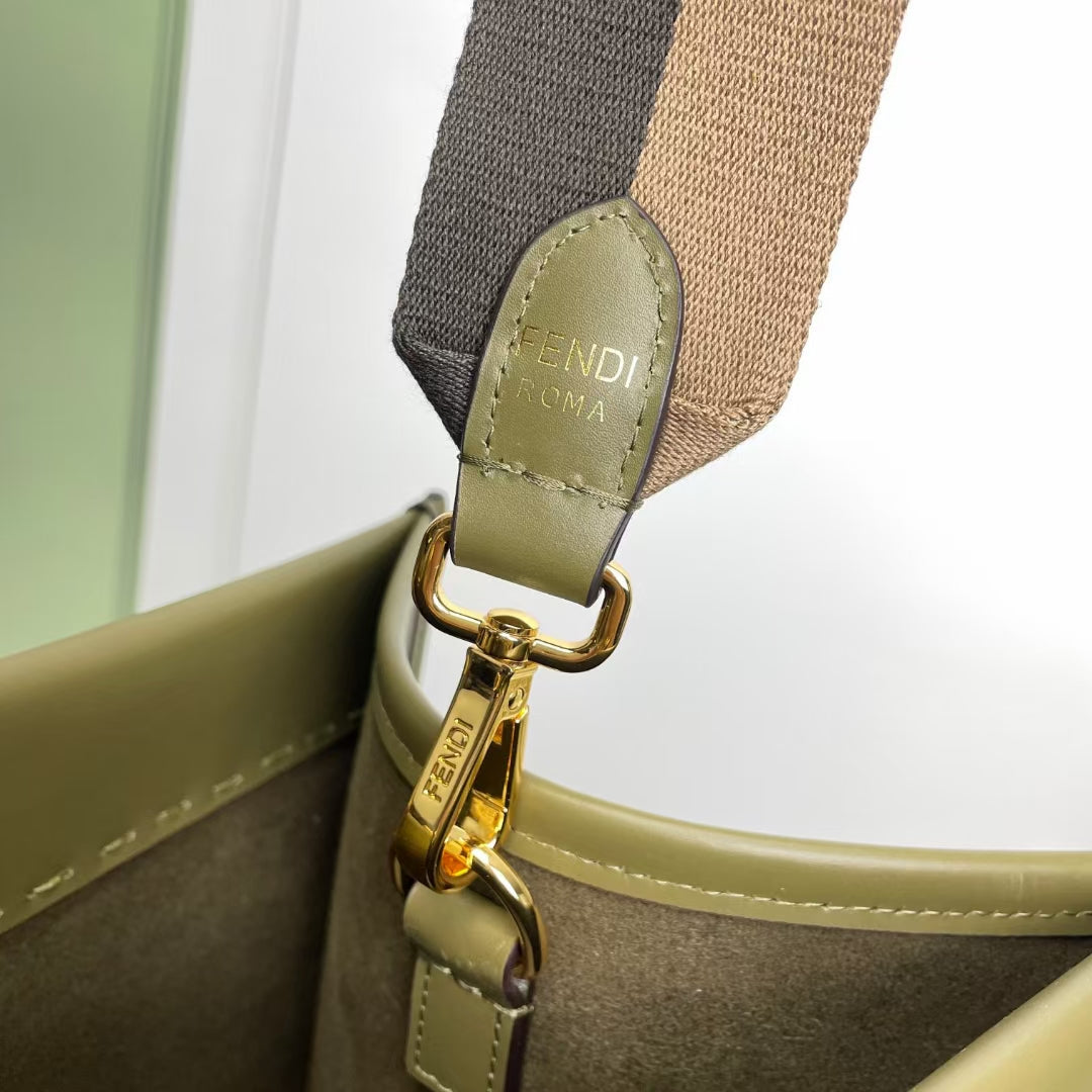 Fendi Sunshine Large Tote Bag - Olive Green Leather with Tortoiseshell Handles