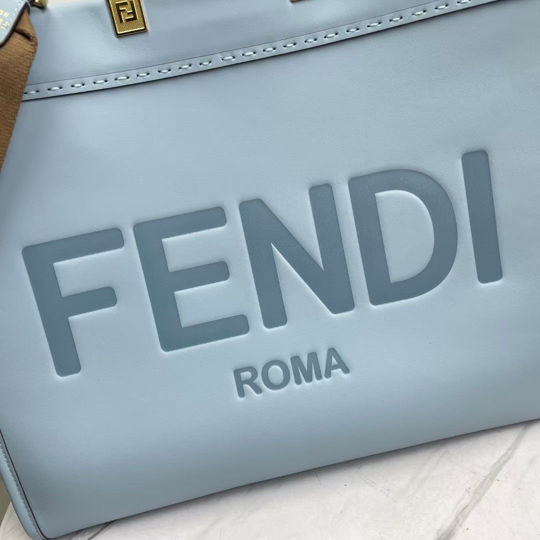 Fendi Sunshine Medium Tote Bag - Light Blue Leather with Tortoiseshell Handles