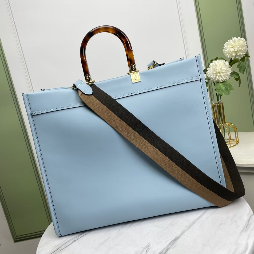 Fendi Sunshine Medium Tote Bag - Light Blue Leather with Tortoiseshell Handles