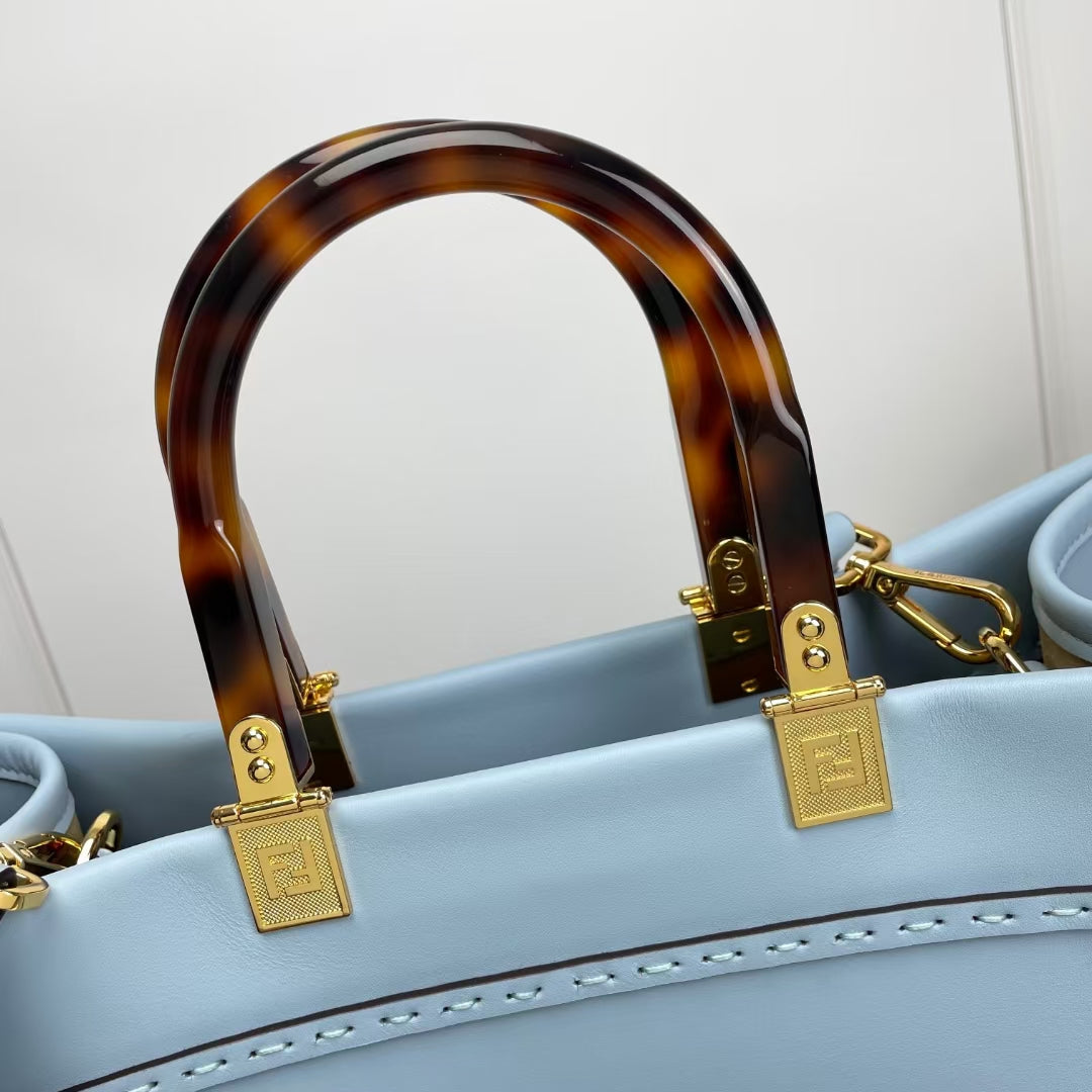 Fendi Sunshine Medium Tote Bag - Light Blue Leather with Tortoiseshell Handles