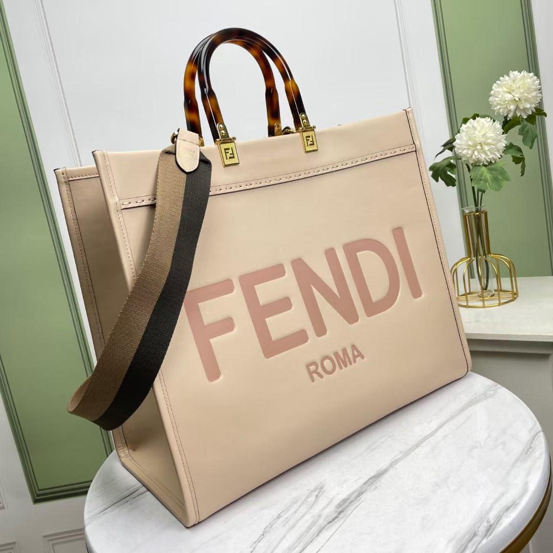 Fendi Large Sunshine Shopper Tote Bag in Beige Canvas with FENDI ROMA Logo