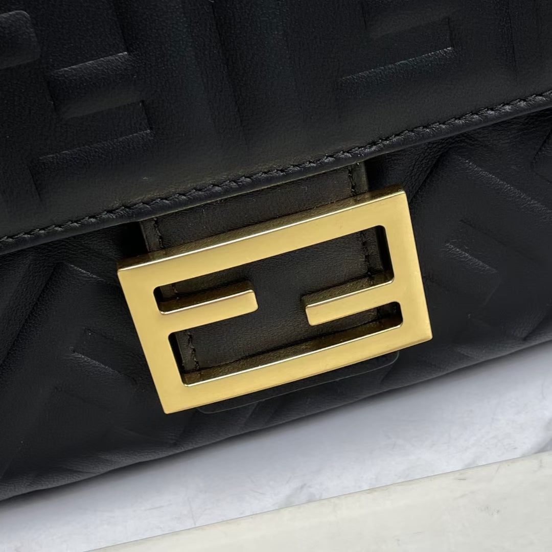 Fendi Baguette Black Embossed Leather Shoulder Bag with FF Logo