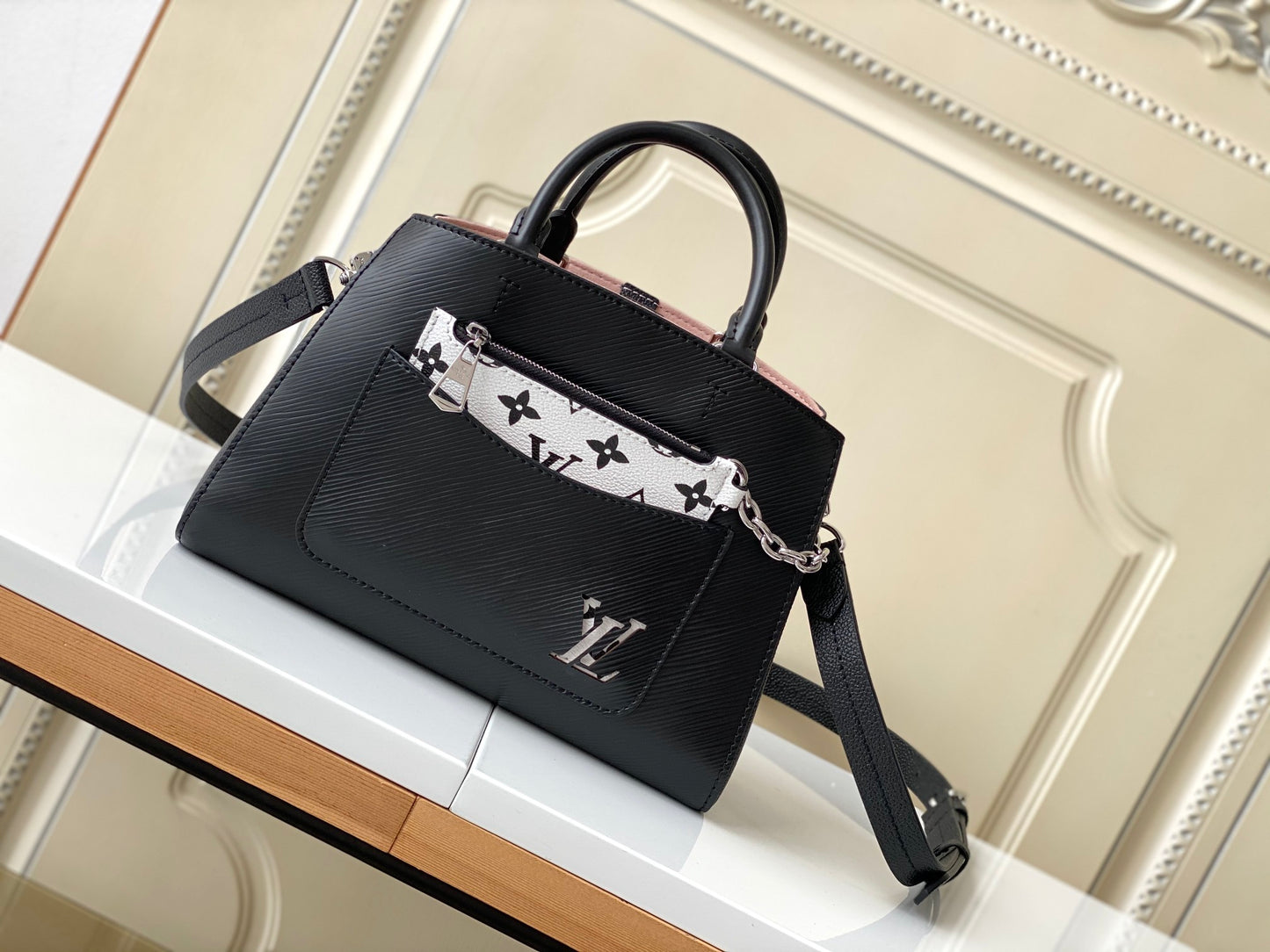 Louis Vuitton Black Leather Top Handle Bag with Monogram Front Pocket