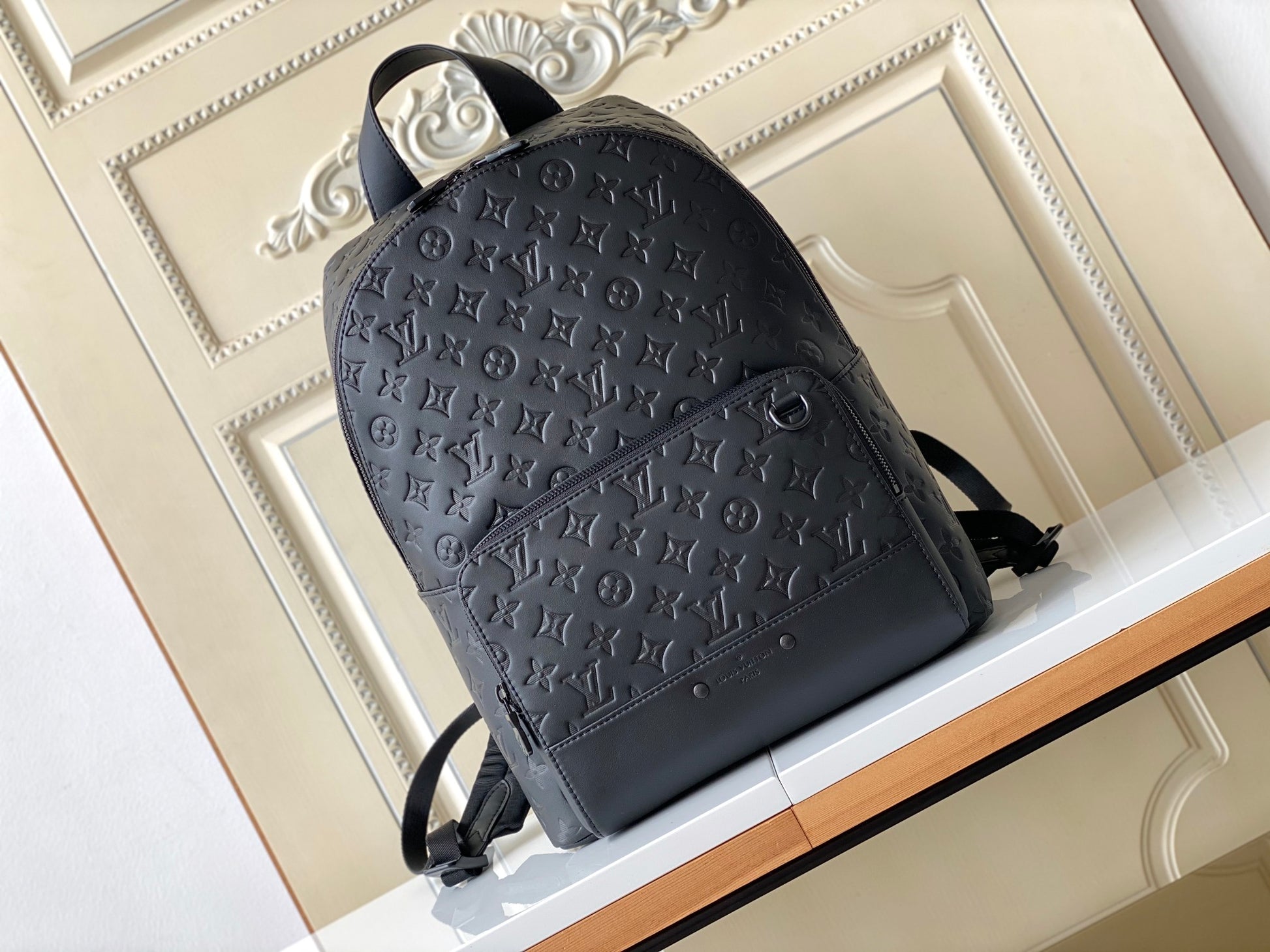 Louis Vuitton Black Embossed Monogram Leather Backpack Unisex Fashion Daypack