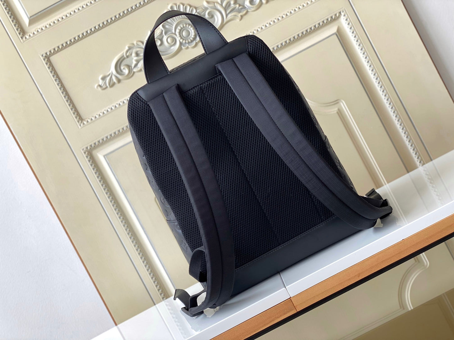 Louis Vuitton Black Embossed Monogram Leather Backpack Unisex Fashion Daypack