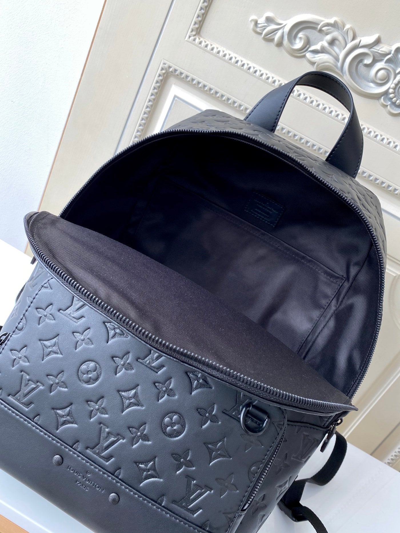 Louis Vuitton Black Embossed Monogram Leather Backpack Unisex Fashion Daypack