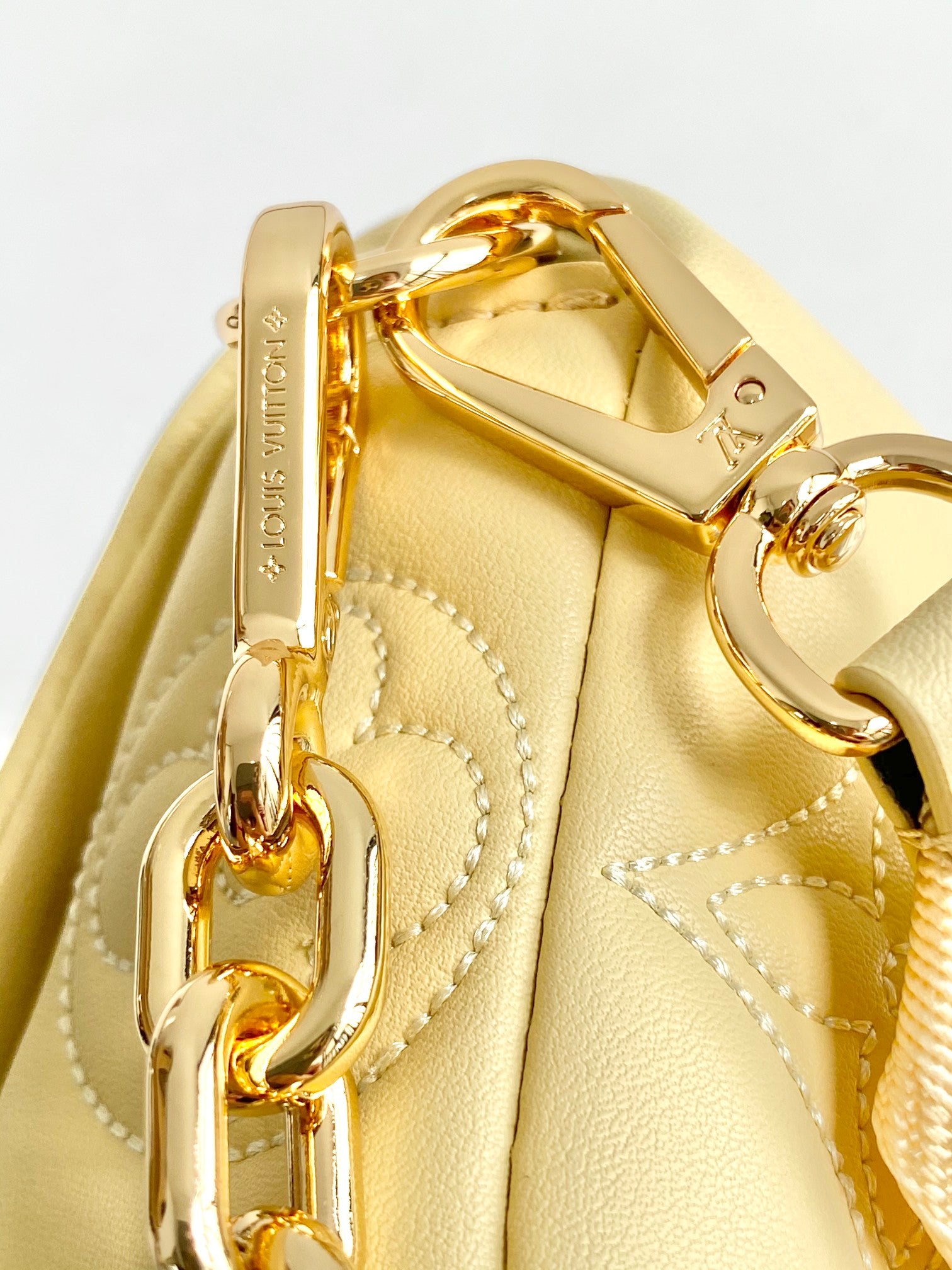 Louis Vuitton Light Yellow Quilted Crossbody Bag with Chain and Wide Strap