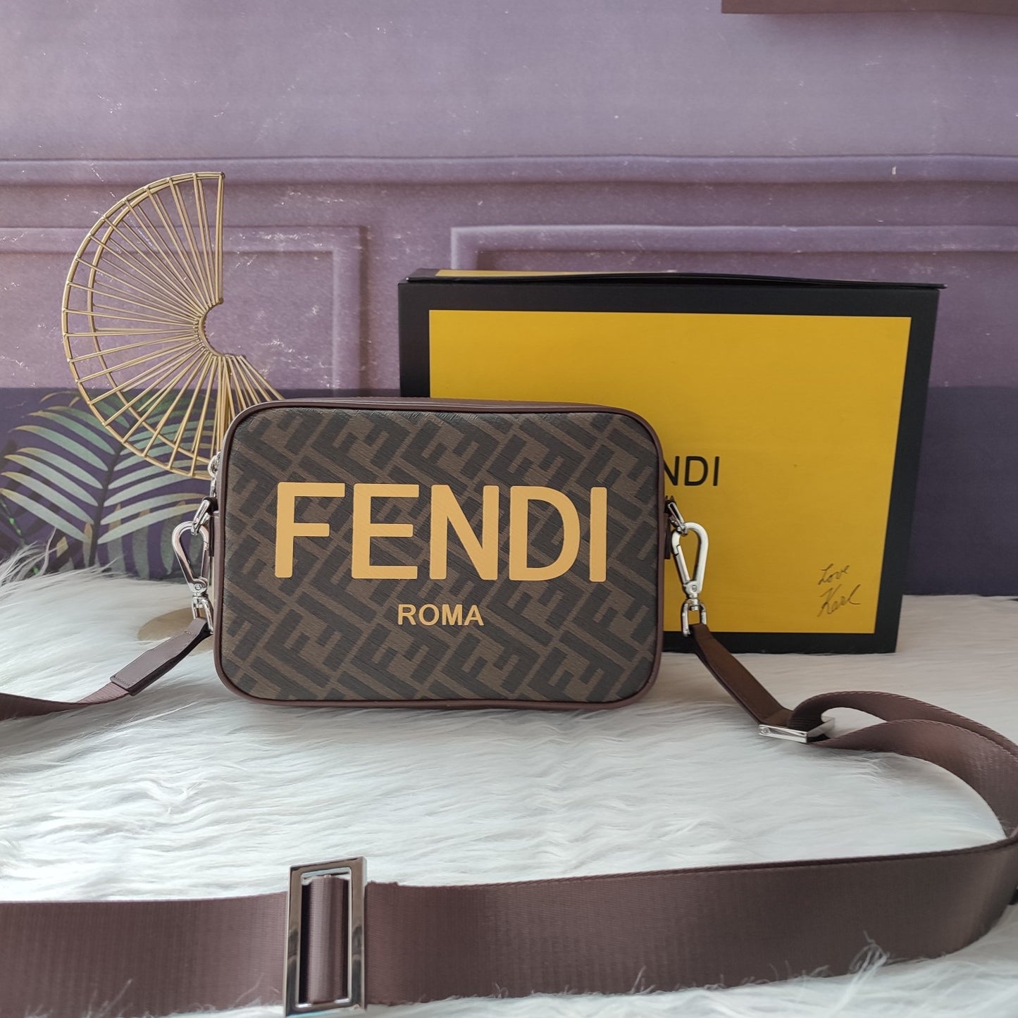 Fendi Roma Brown Fabric Crossbody Camera Bag