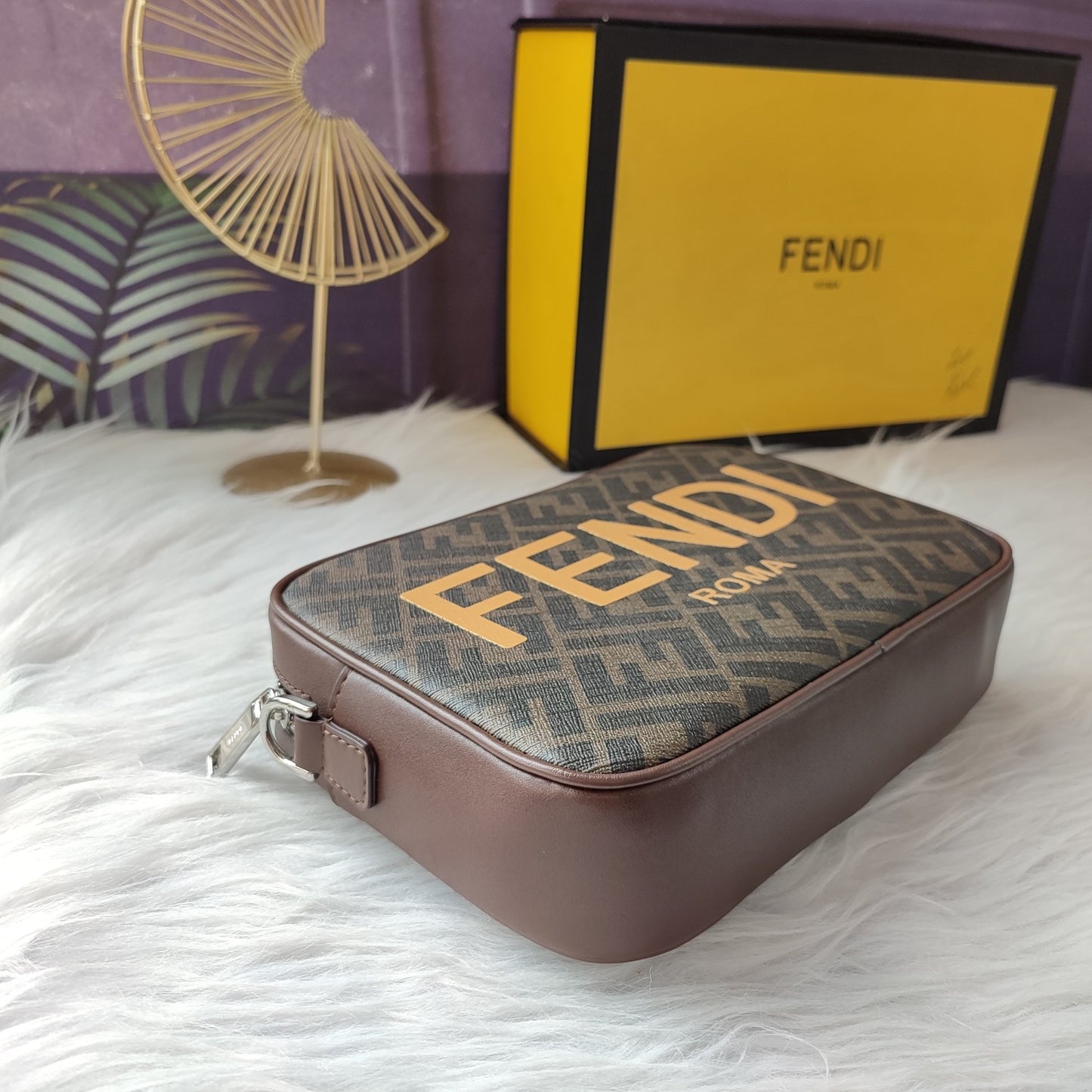 Fendi Roma Brown Fabric Crossbody Camera Bag